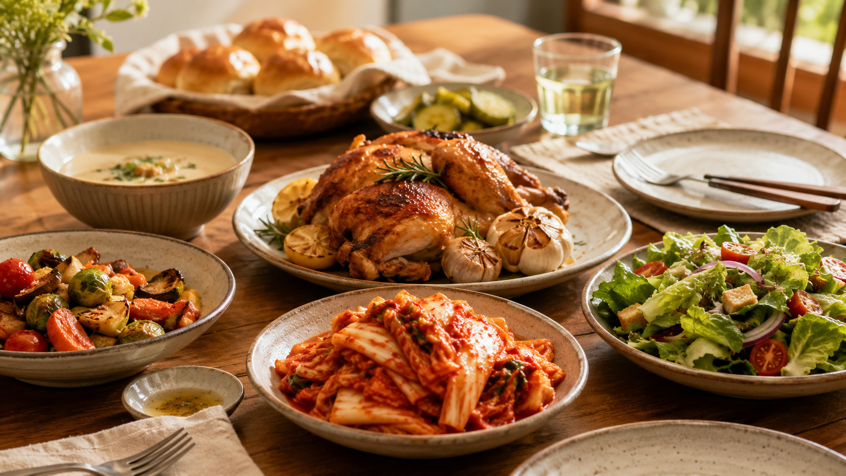 A warmly lit dining table features a mix of Western-style dishes and Korean kimchi. A large plate of kimchi sits in the center alongside roasted chicken, a fresh green salad, roasted vegetables, bread rolls, pickles, and a bowl of creamy soup, creating a cozy fusion meal in a home dining setting.