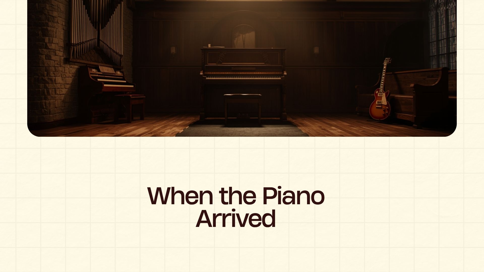 A vintage piano standing alone in a traditional church interior with wooden pews and arched windows, soft afternoon light casting warm shadows.