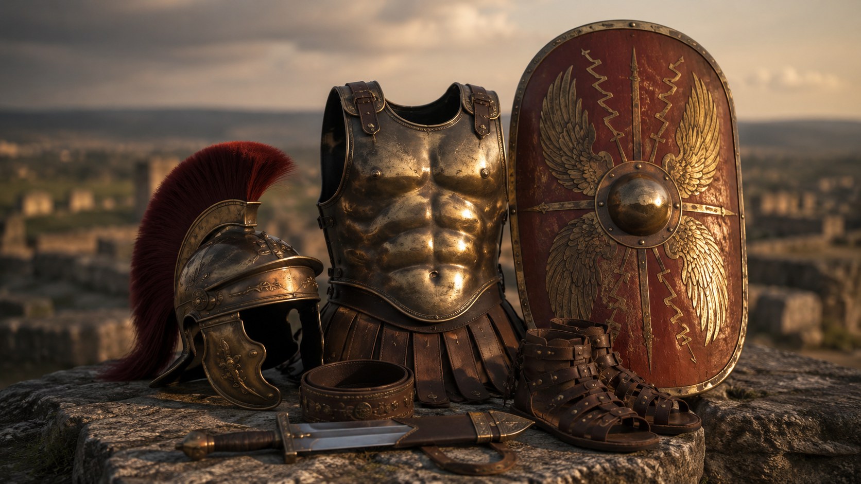 The full armor of God from Ephesians 6 laid out together: belt, breastplate, shield, helmet, and sword