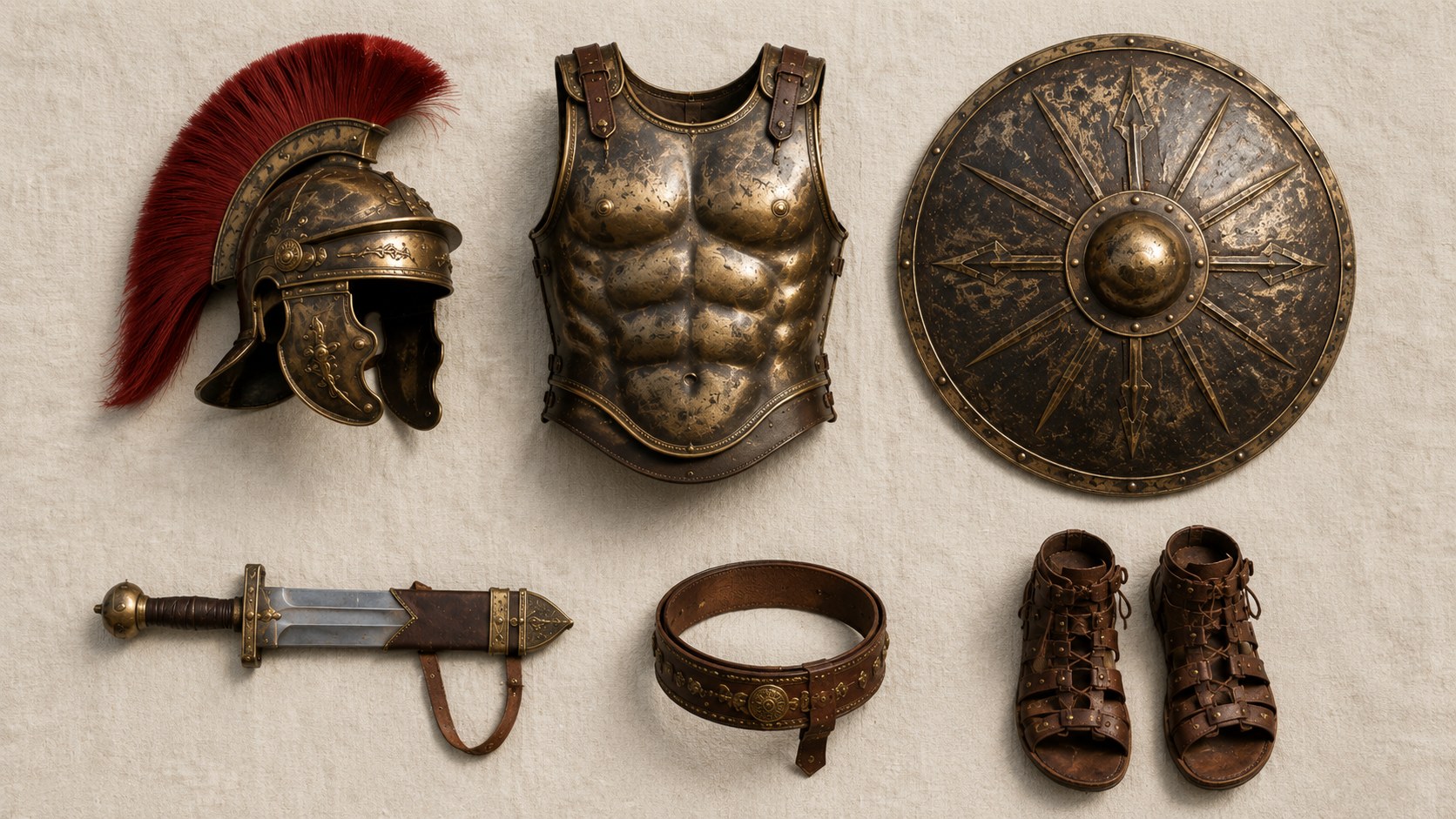 What the armor of God is: the six pieces from Ephesians 6 shown together