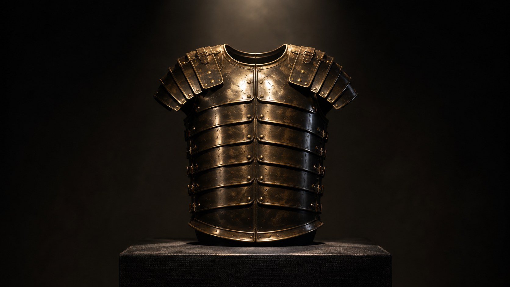 A bronze breastplate of righteousness standing upright in dim light