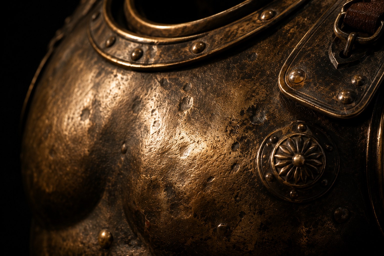 Light falling across the chest plate of an ancient suit of armor