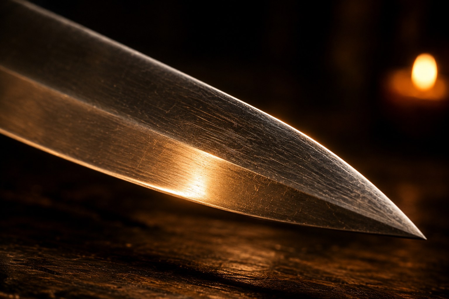 Close view of a sword blade reflecting candlelight