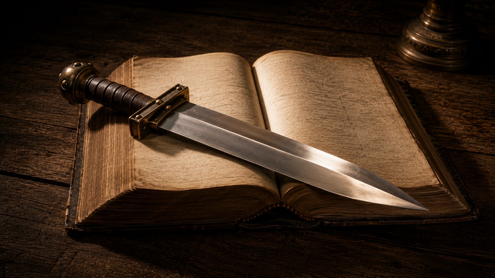 A short Roman sword, the sword of the Spirit, resting on an open Bible