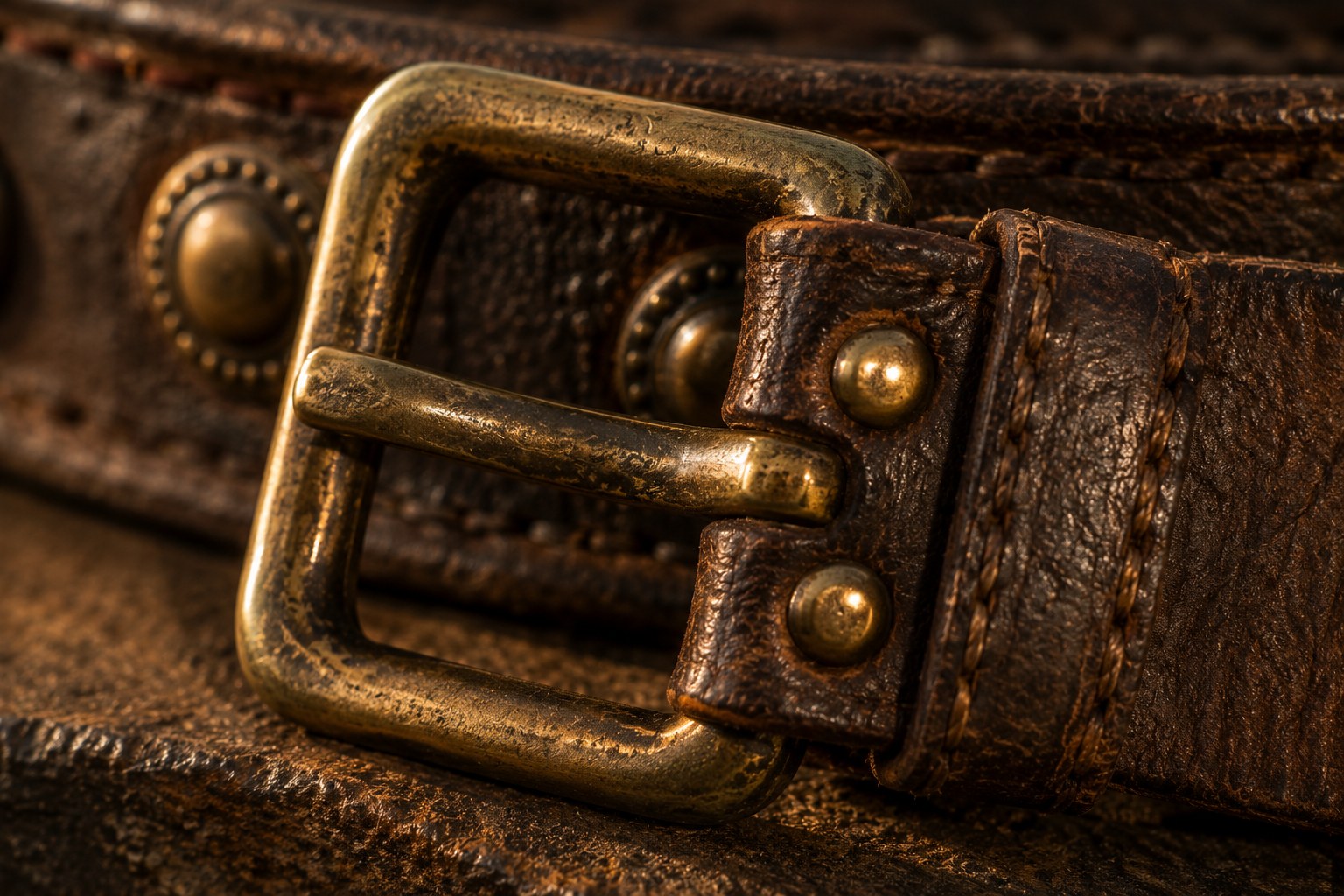 Detail of an aged belt buckle and leather straps