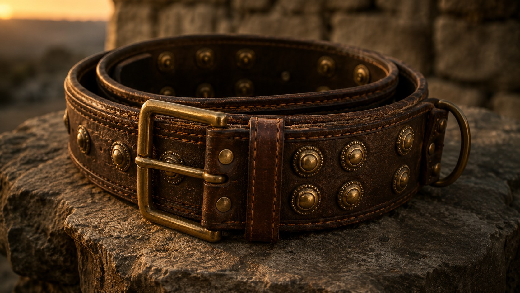 A wide leather belt of truth, part of the armor of God, coiled on stone