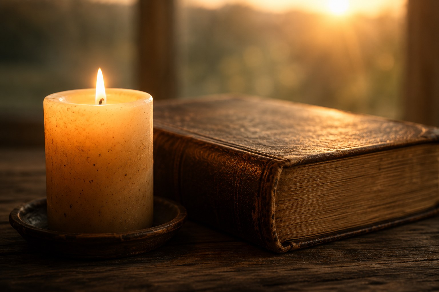 A lit candle beside a worn Bible in soft morning light