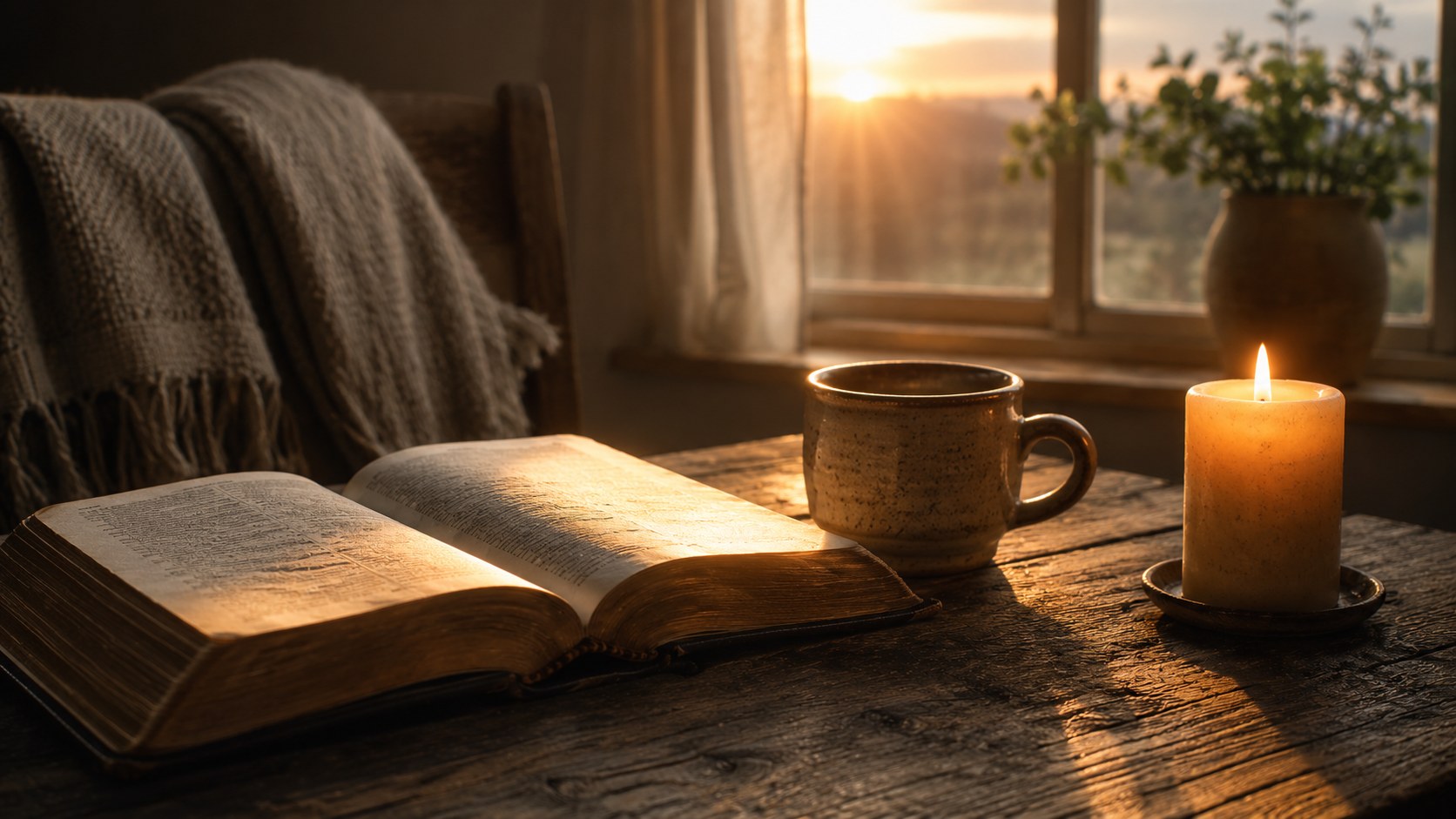 A quiet morning prayer space with an open Bible: putting on the armor of God