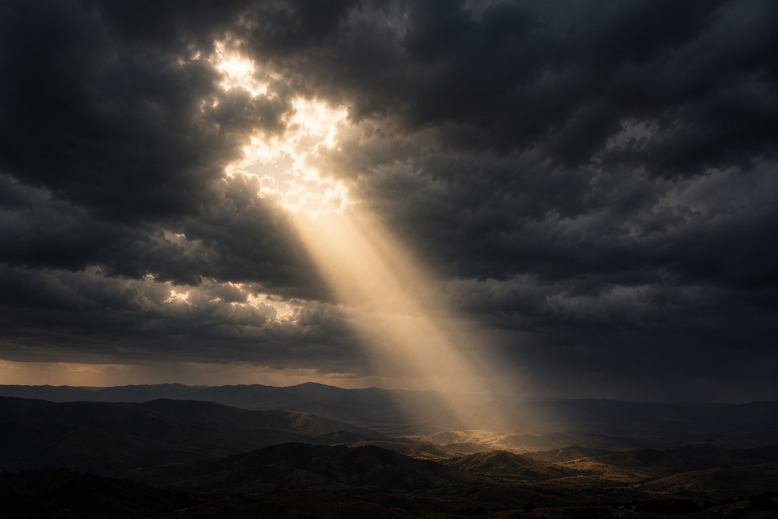 A single shaft of light breaking through heavy clouds