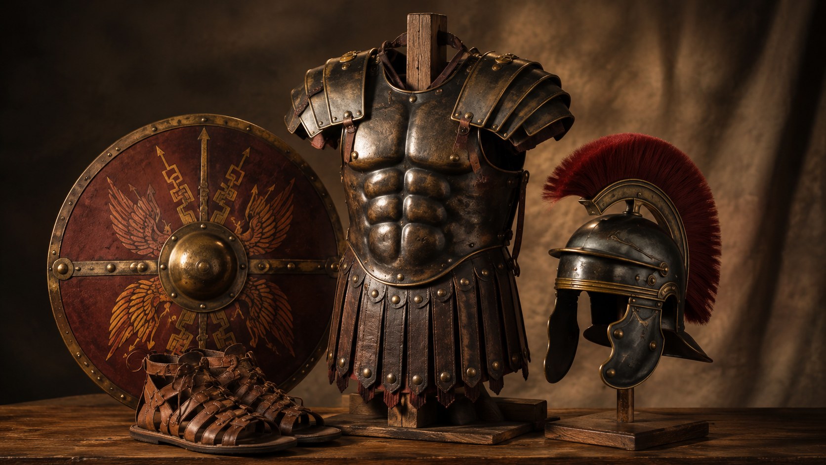 The full armor of God arranged together: shield, helmet, breastplate, and sandals of peace