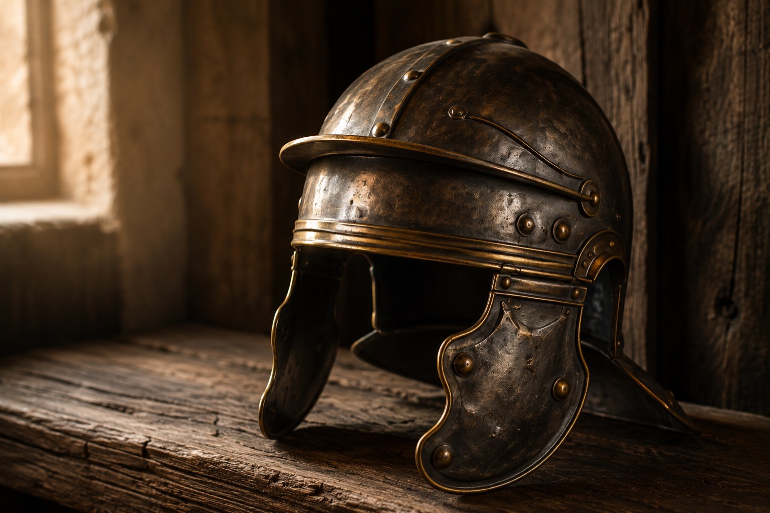 A Roman helmet of salvation resting on a wooden surface