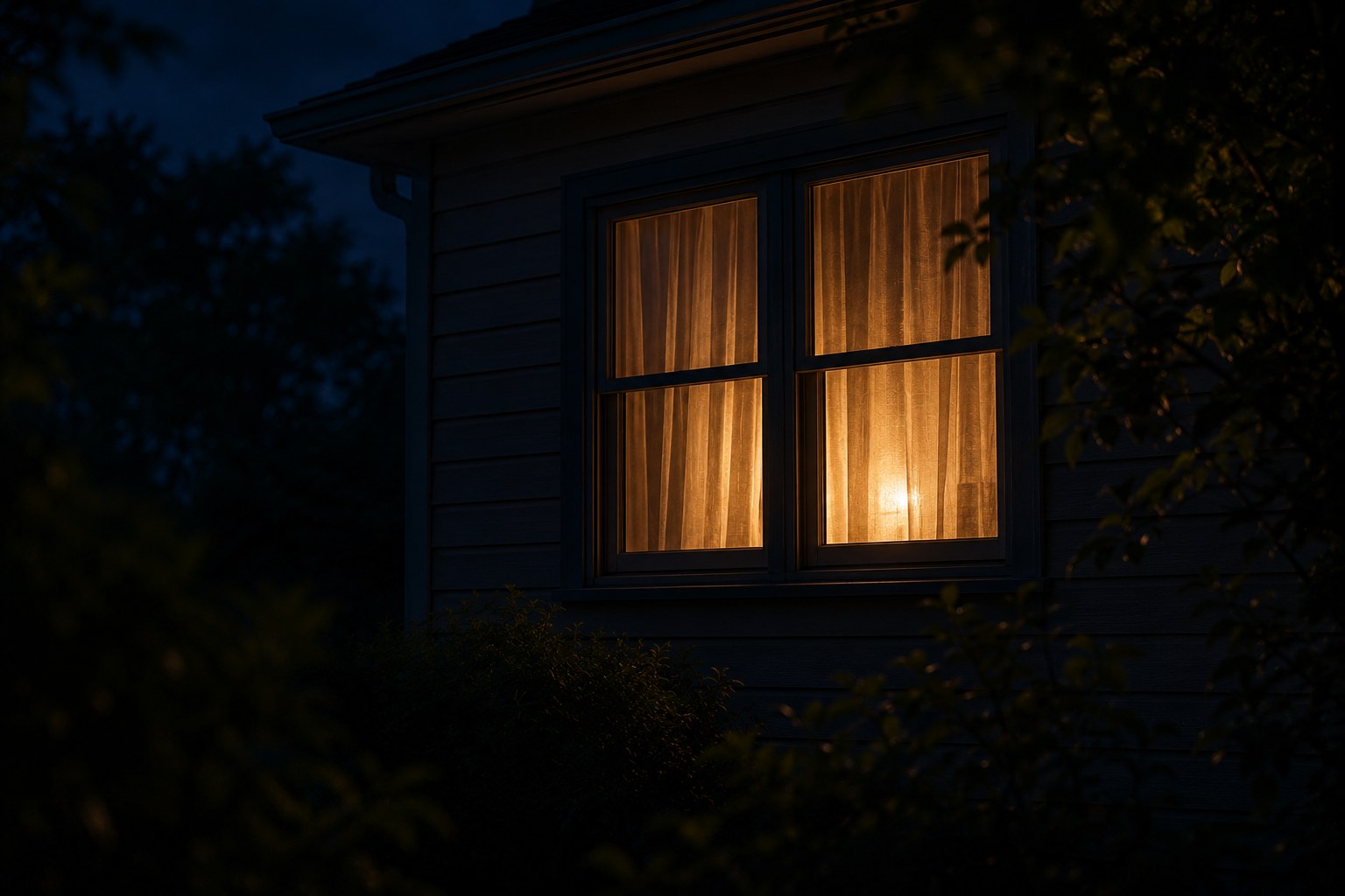 A softly lit bedroom window at night, an image of rest and trust