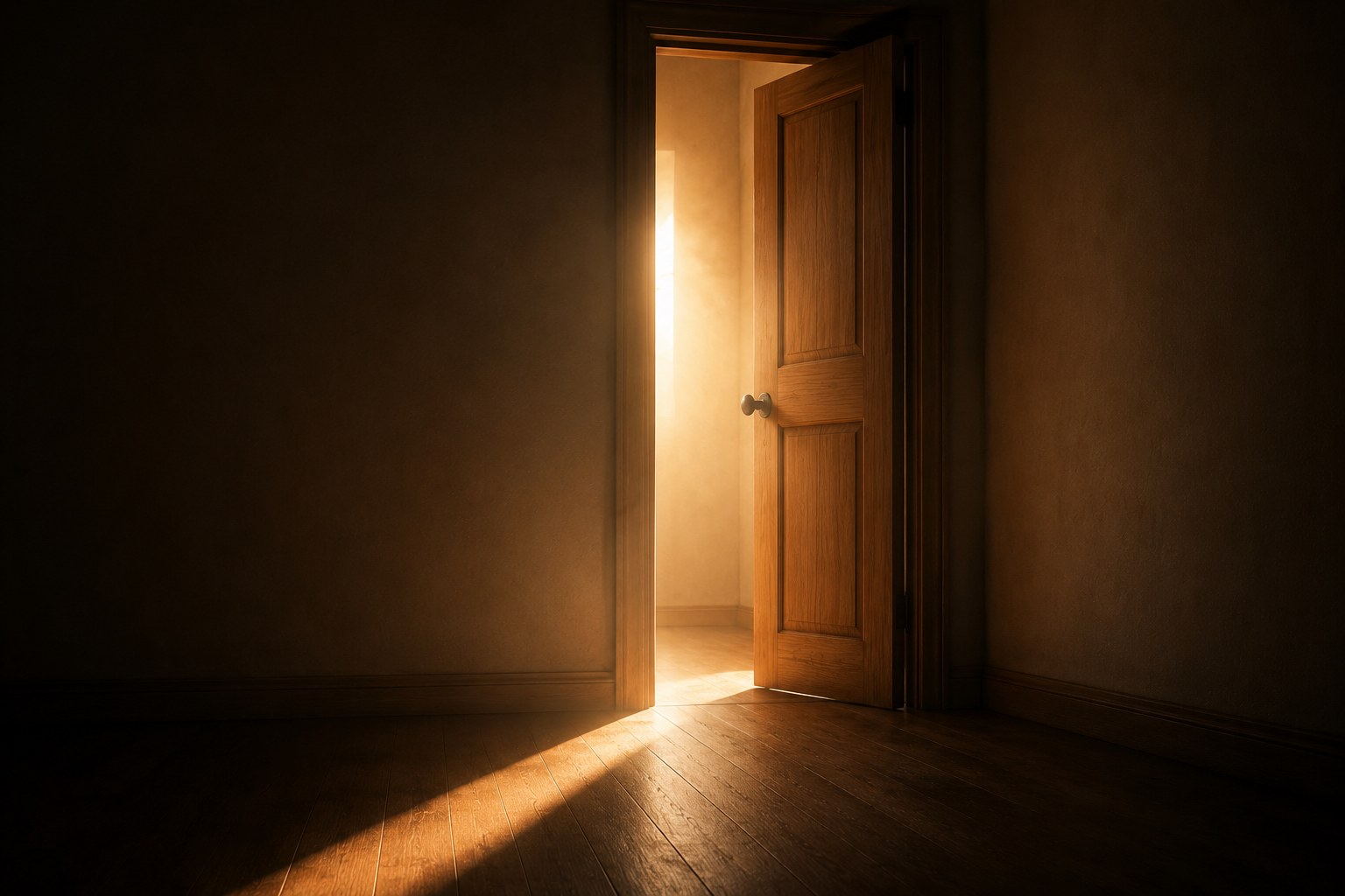 An open door letting light into a dark room, an image of peace entering