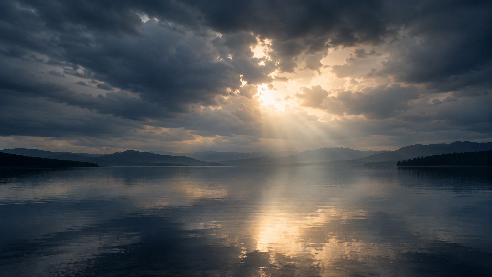 Calm water under a dramatic sky, an image of the peace of god that surpasses understanding