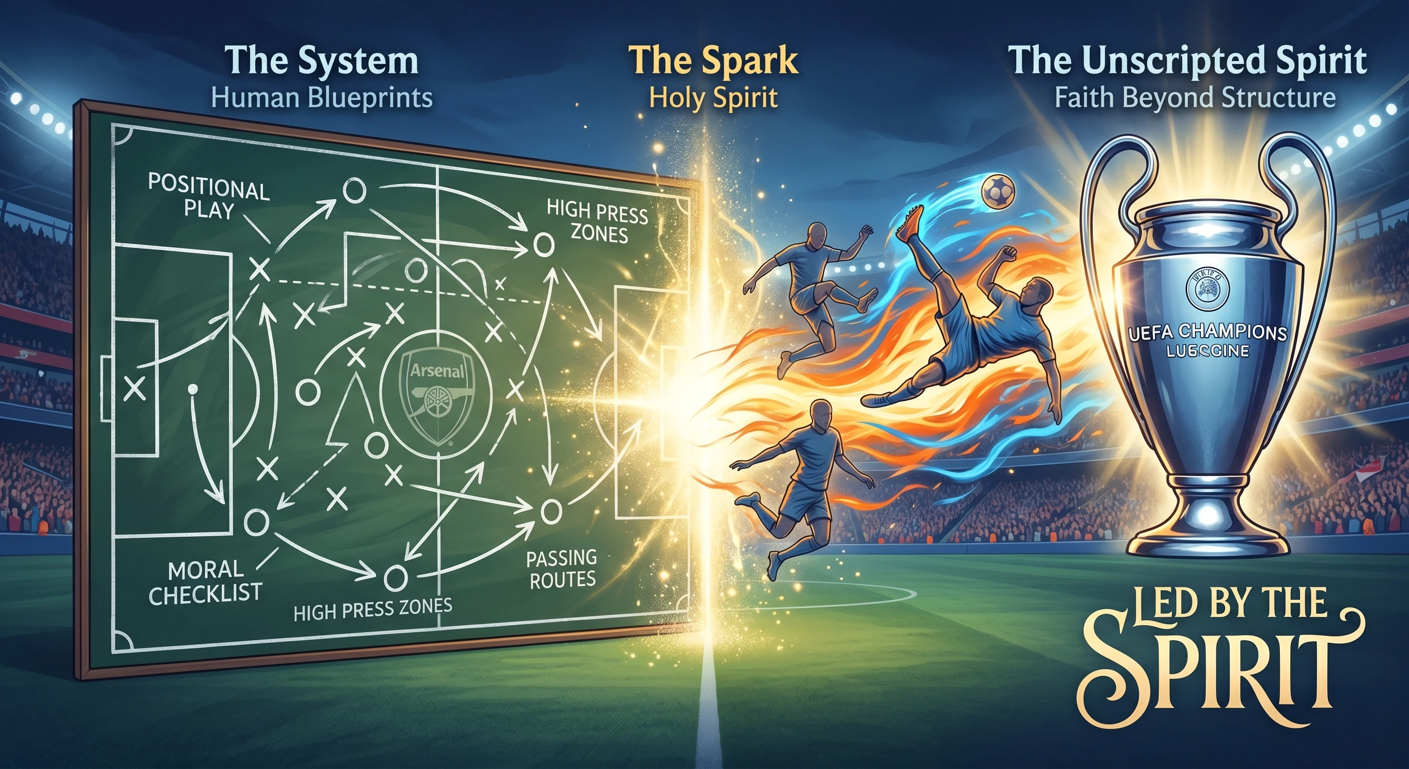 A conceptual illustration contrasting a soccer tactical chalkboard ("The System") with dynamic players emerging from fiery energy ("The Spark") toward the UEFA Champions League trophy ("The Unscripted Spirit"), representing faith beyond rigid structures.