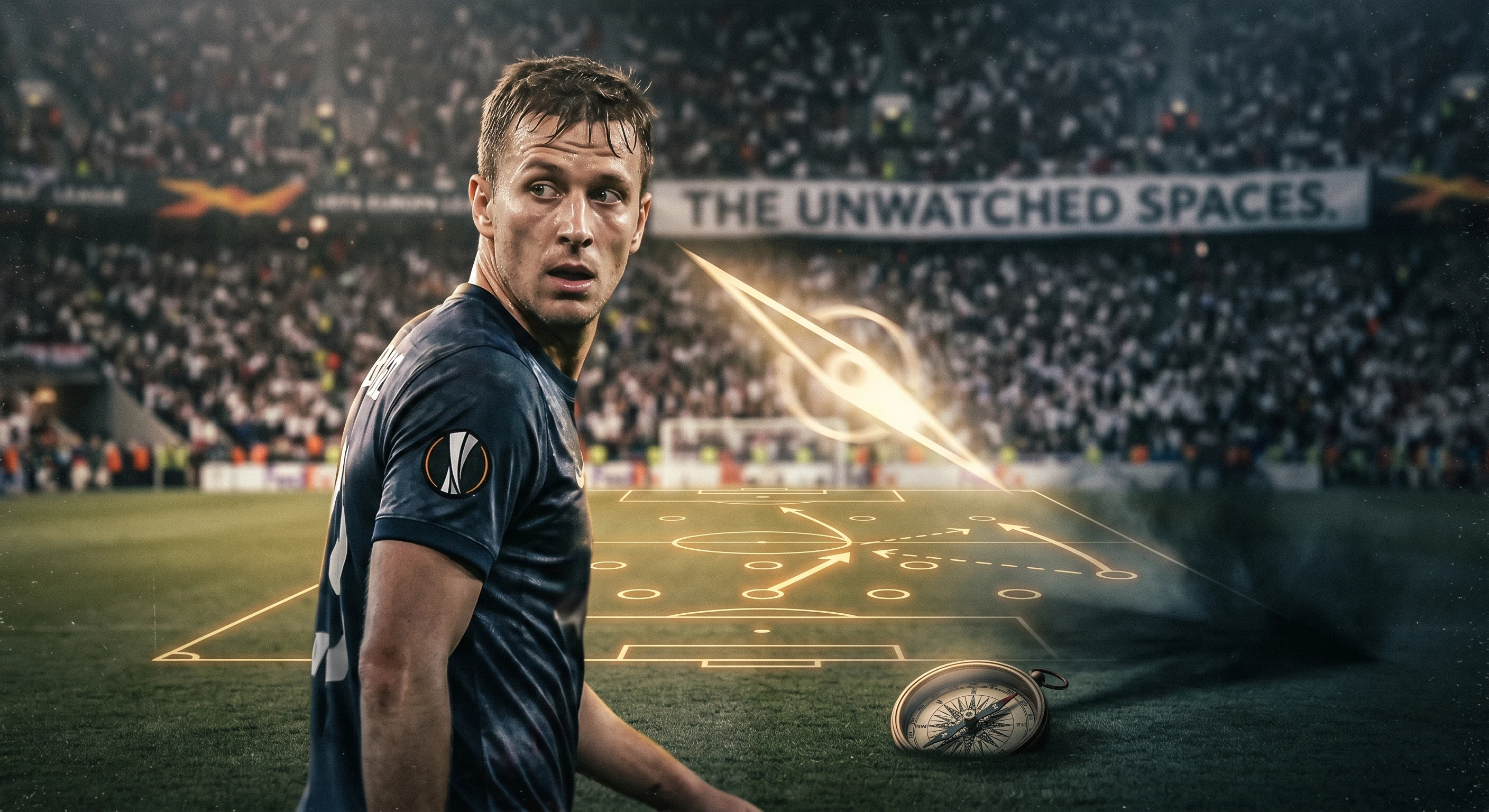 A focused football midfielder looking over his shoulder during a high-stakes Europa League match, with a glowing tactical board overlay representing spiritual vigilance and unwatched spaces.
