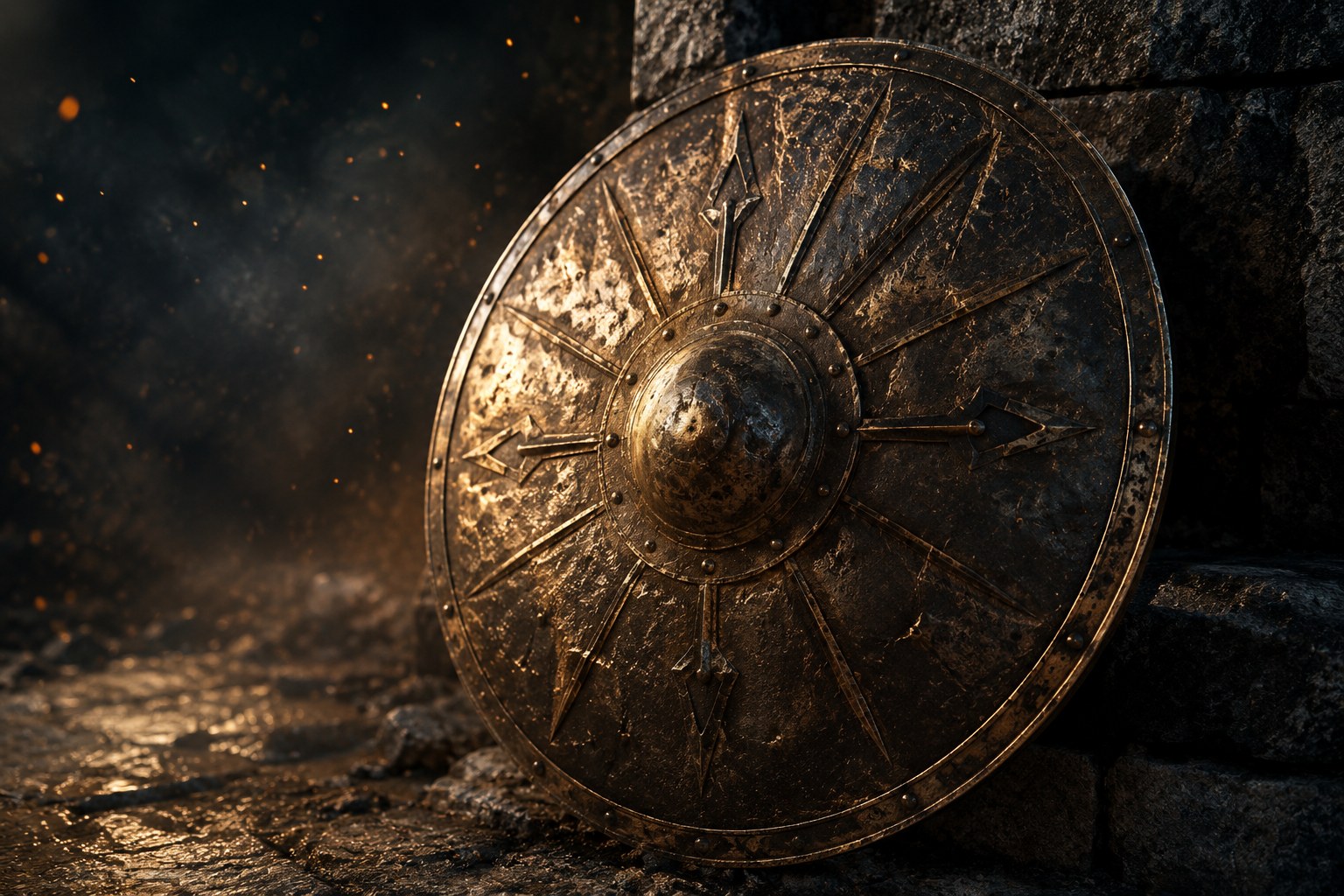 A battered bronze shield of faith catching the light against a dark wall