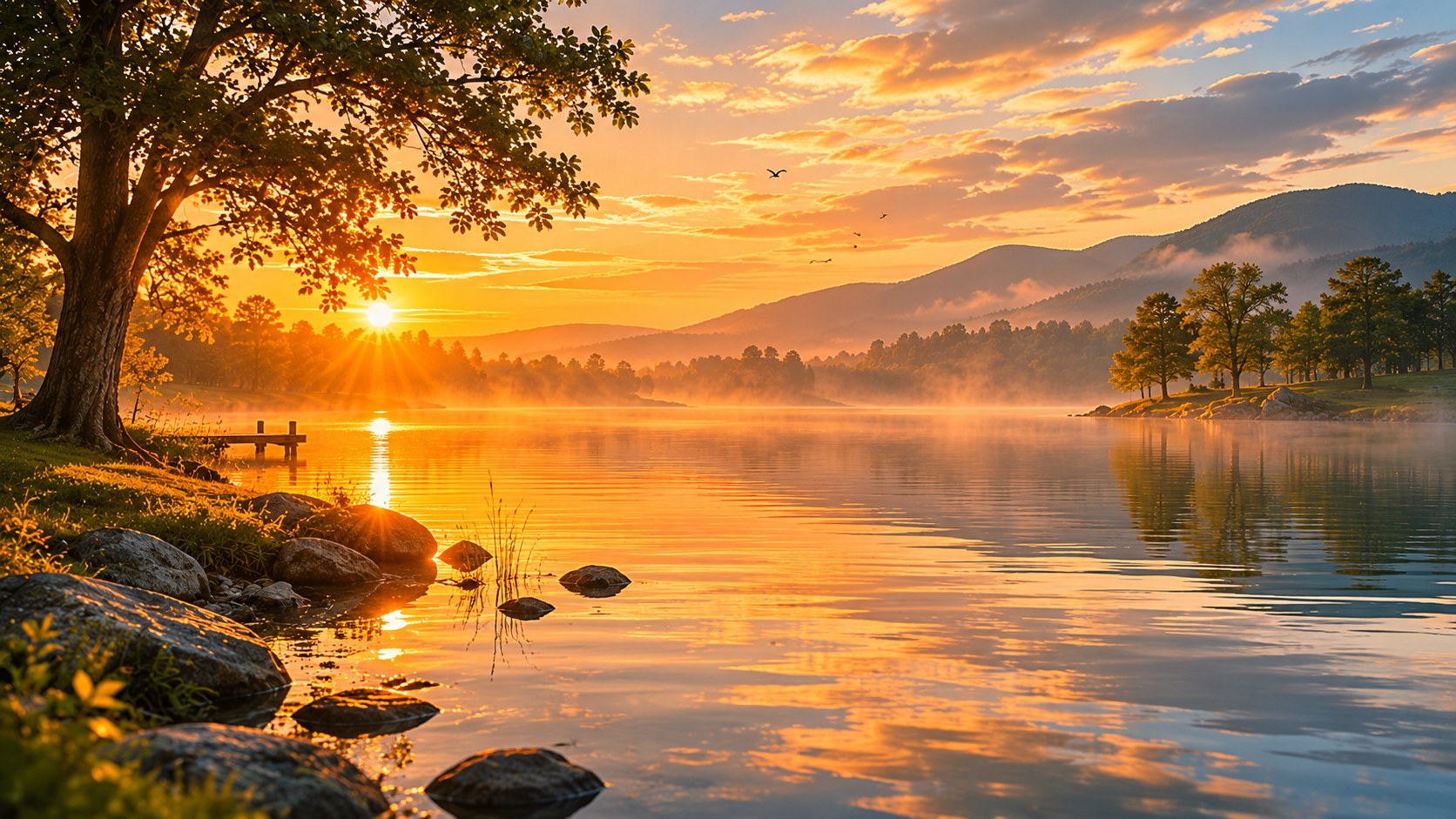 A calm dawn over still water, an image to accompany bible verses for anxiety