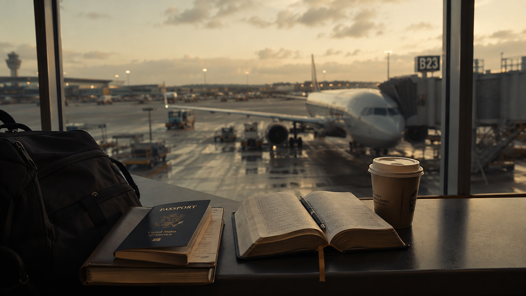 A passport and open Bible at an airport departure gate, symbolizing radical discipleship, costly faith, and following Jesus beyond comfort.