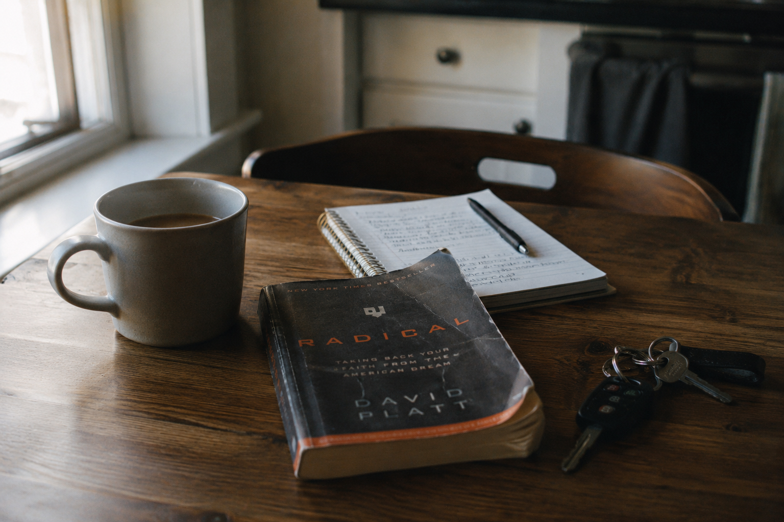 A worn paperback copy of Radical by David Platt on a kitchen table with a coffee mug and spiral notebook, natural morning light, set down mid-read