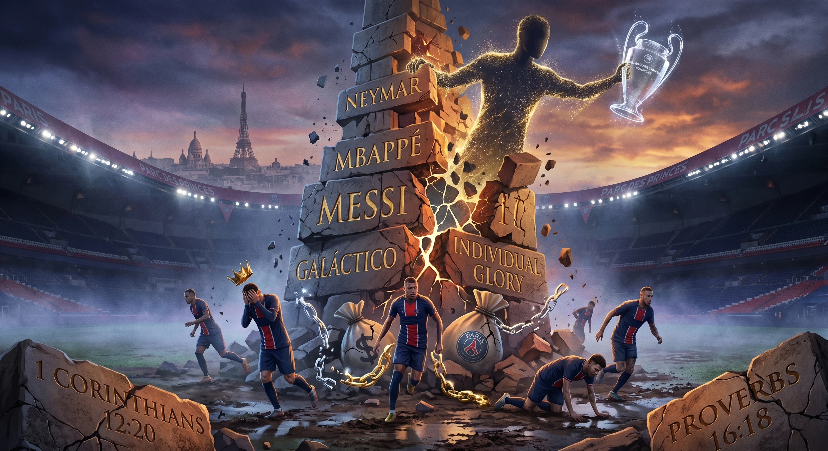 A conceptual image inside the Parc des Princes stadium showing a crumbling stone tower engraved with the names Neymar, Mbappe, and Messi, with PSG football players breaking free from chains and moving toward a glowing Champions League trophy silhouette.