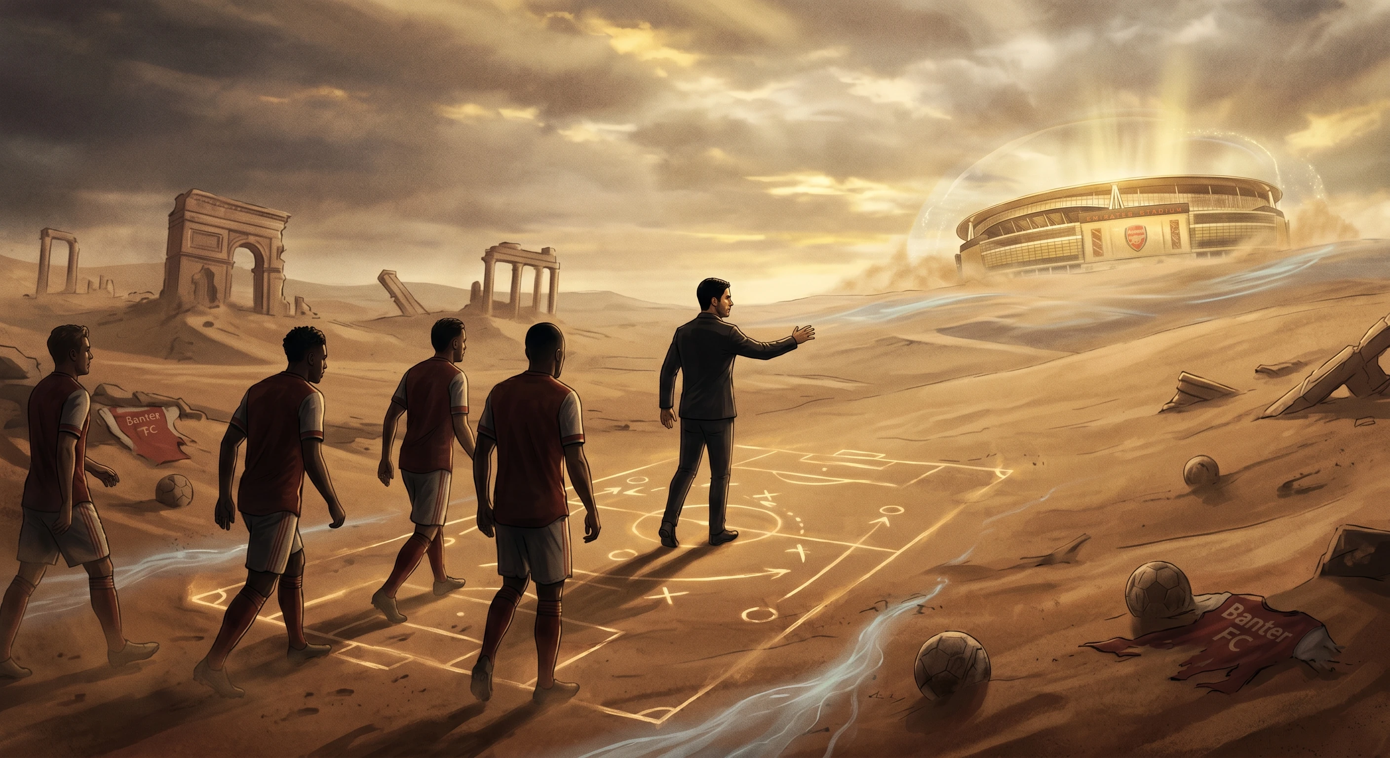 Mikel Arteta leading Arsenal football players through a barren desert landscape with a glowing tactical pitch overlay, marching toward a shining Emirates Stadium in the distance, symbolizing the journey from Banter FC to the Premier League title.