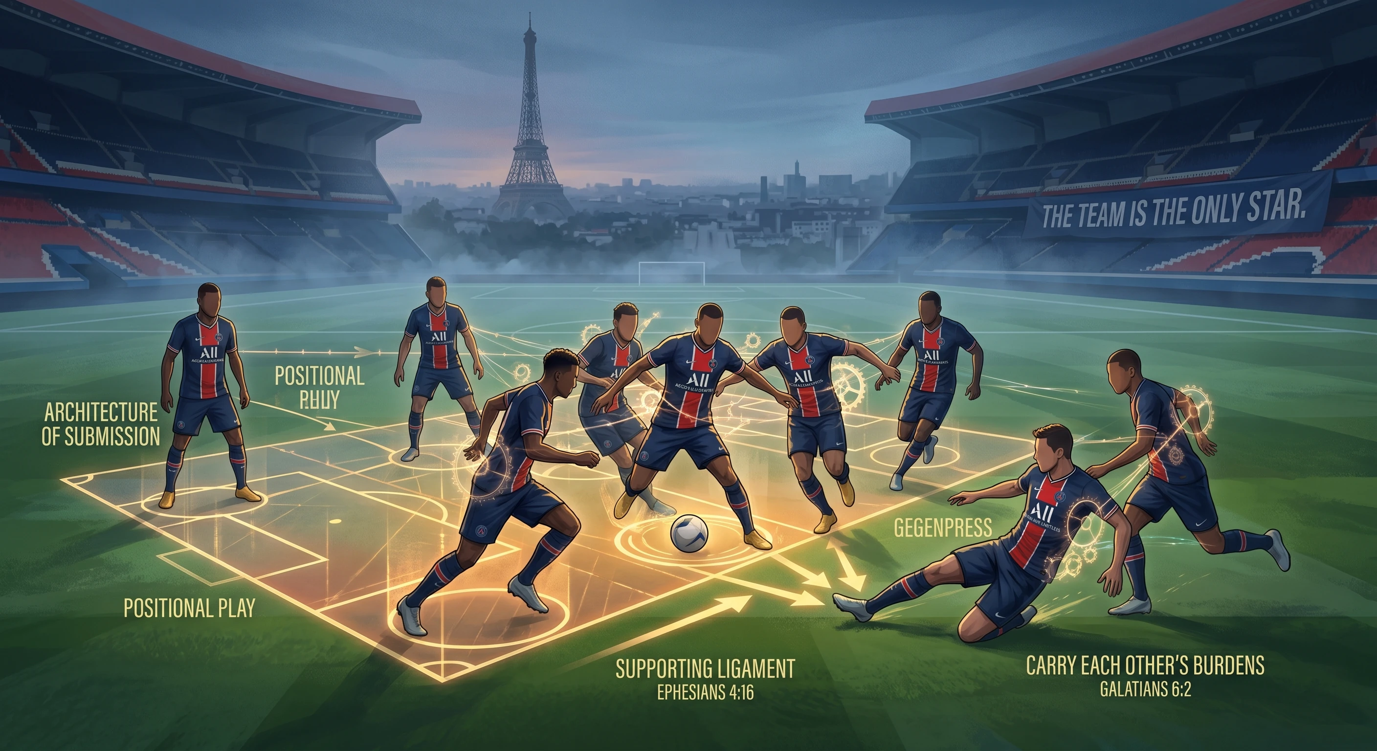 A tactical illustration of Paris Saint-Germain football players executing Positional Play and Gegenpress on a glowing blueprint pitch inside the Parc des Princes stadium, with the Eiffel Tower in the background.