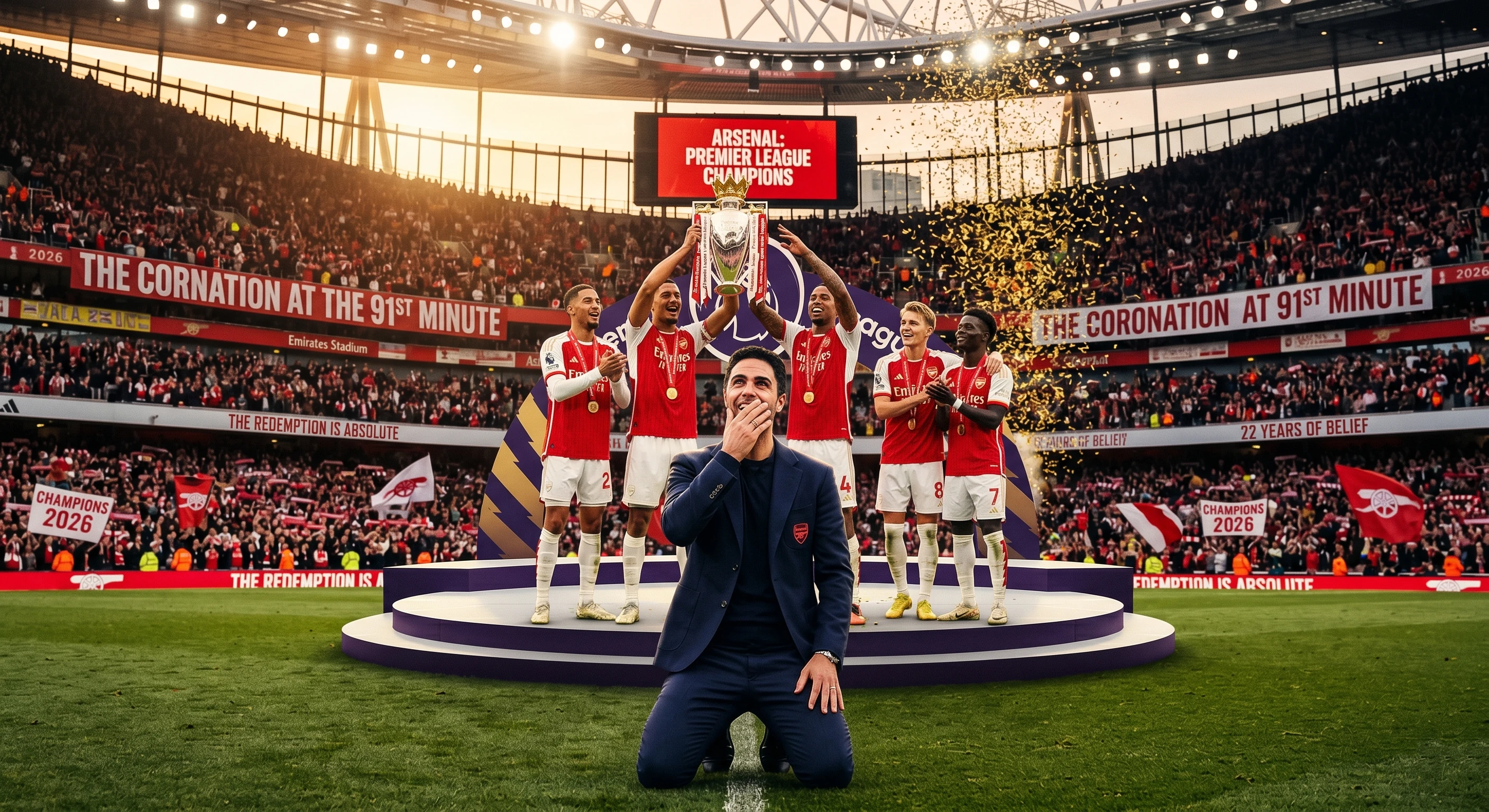An emotional Mikel Arteta kneeling on the pitch while Arsenal football players lift the Premier League trophy on a podium inside a packed Emirates Stadium, celebrating their historic 2025/2026 championship victory.