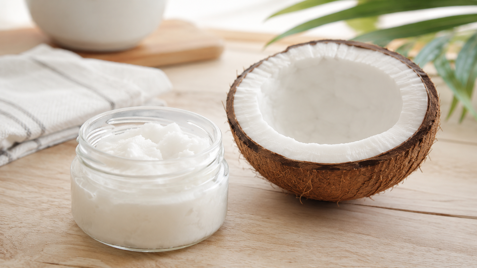 An open glass jar of white coconut oil next to a halved coconut on a light wooden countertop in soft natural morning light.