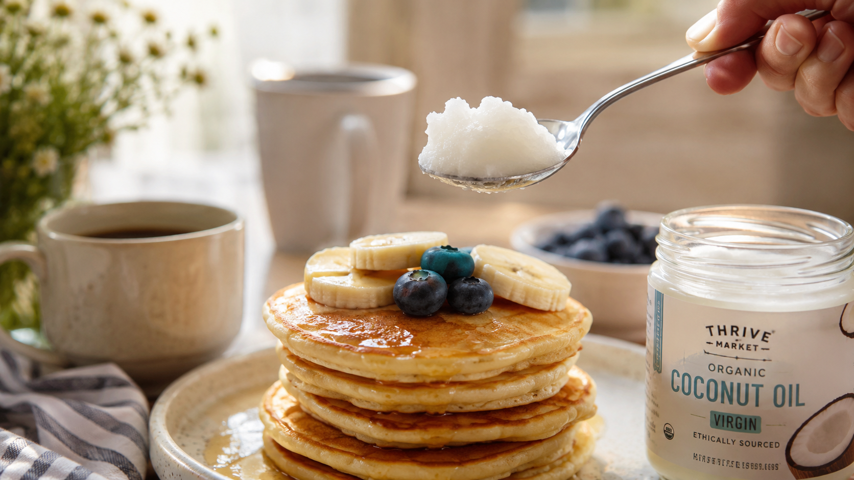 A spoonful of white coconut oil held above a stack of pancakes topped with banana slices and blueberries, with coffee cups softly blurred in the background.