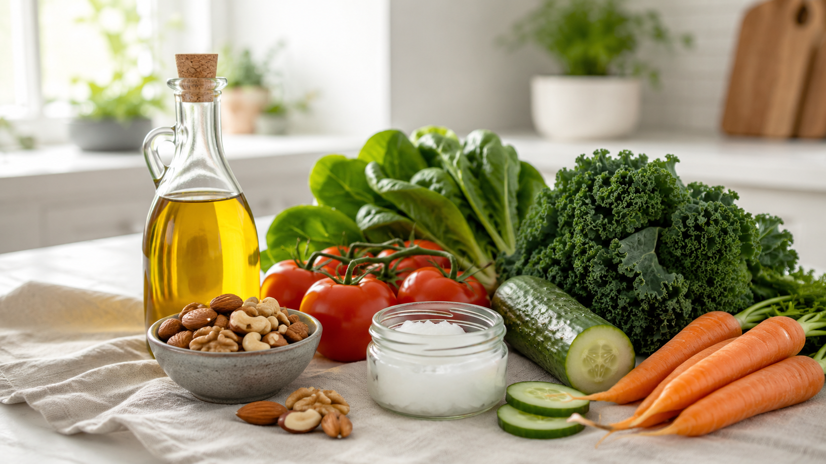 A bottle of olive oil, mixed nuts, fresh tomatoes, leafy greens, cucumbers, carrots, and a small jar of coconut oil arranged on linen in a bright kitchen.