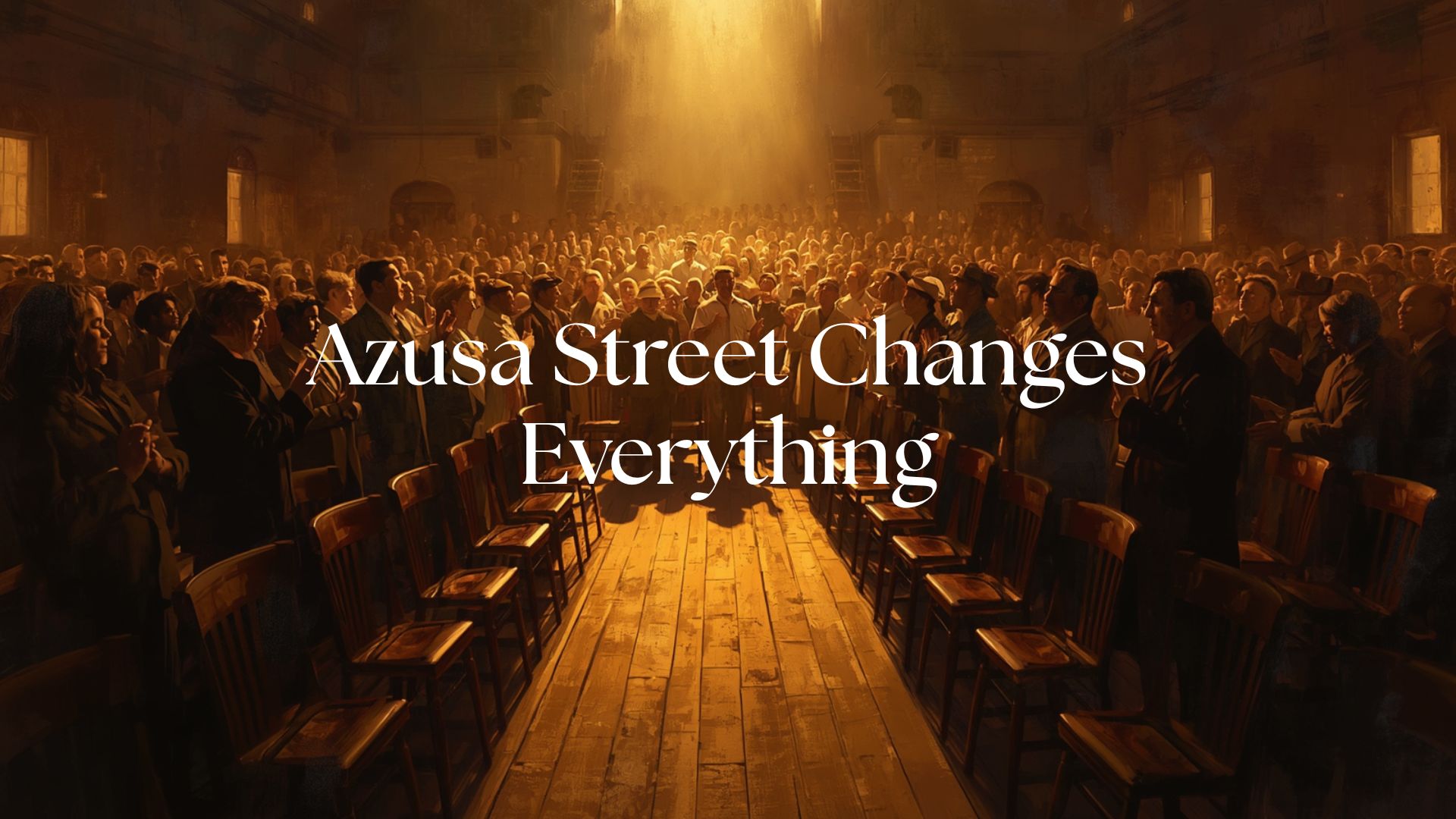 A dimly lit early 20th century revival meeting space with rough wooden floors and warm amber lantern light. A racially diverse crowd — Black, white, and Latino worshipers — stand together with eyes closed and hands raised in prayer. The atmosphere is intimate and reverent, with deep shadows and golden light.