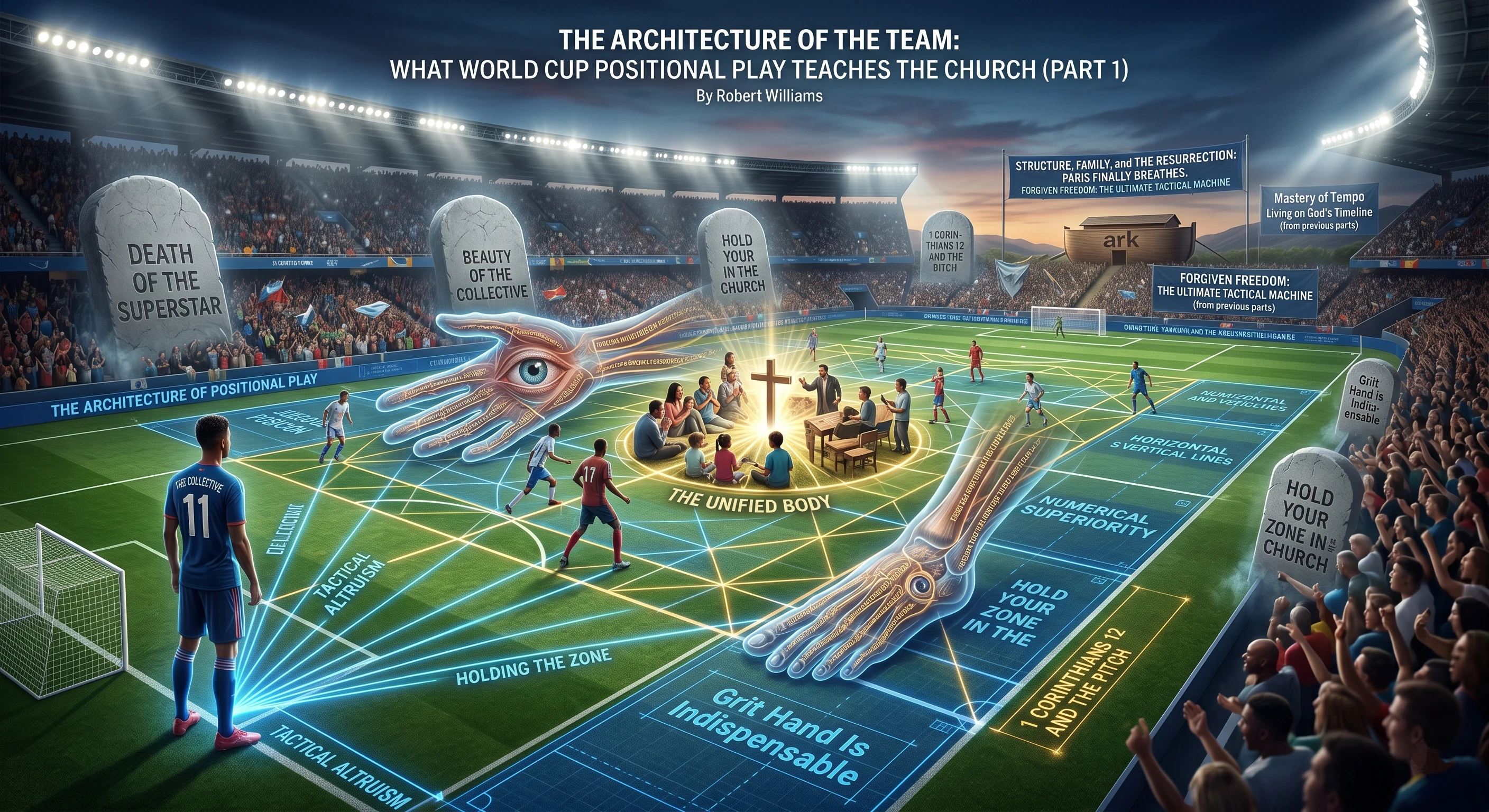 A conceptual tactical illustration of a World Cup football pitch overlaid with a glowing geometric grid of Positional Play. In the center, a church congregation gathers around a cross representing the unified body, while a lone player on the touchline demonstrates tactical altruism, surrounded by ethereal hands and an eye illustrating 1 Corinthians 12.