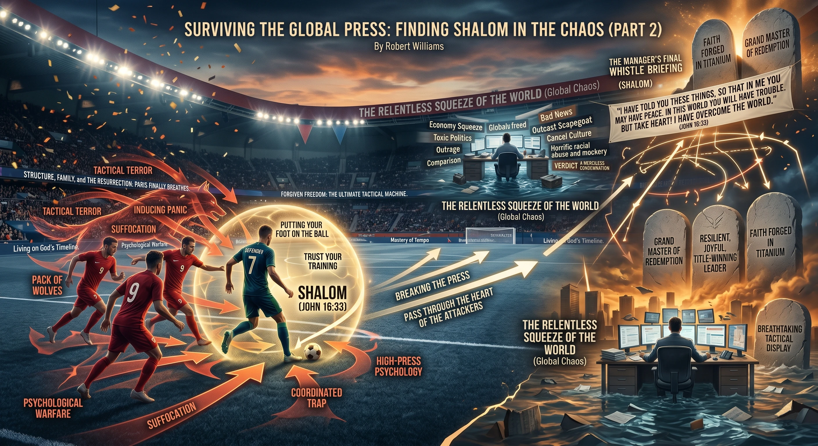 A conceptual tactical diagram showing a calm football player breaking a high press inside a glowing protective sphere of Shalom representing John 16:33, contrasting with a flooded office worker facing the relentless squeeze of global chaos.