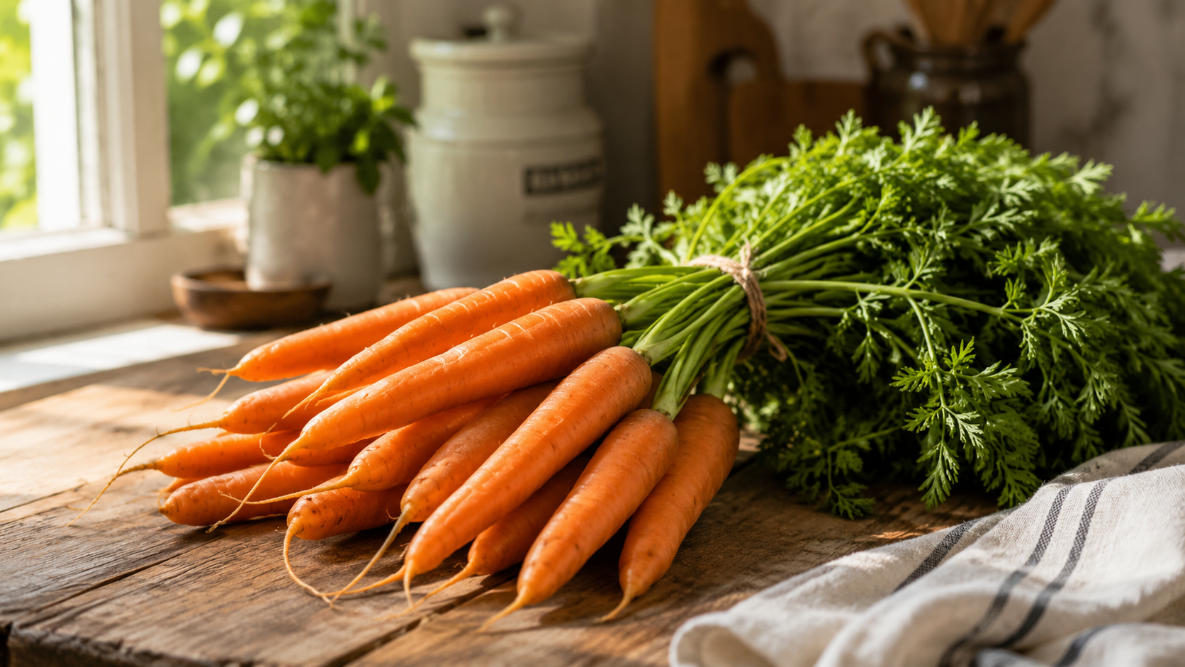 Fresh carrots with leafy green tops on a wooden kitchen table, lit by soft natural morning light from a nearby window.