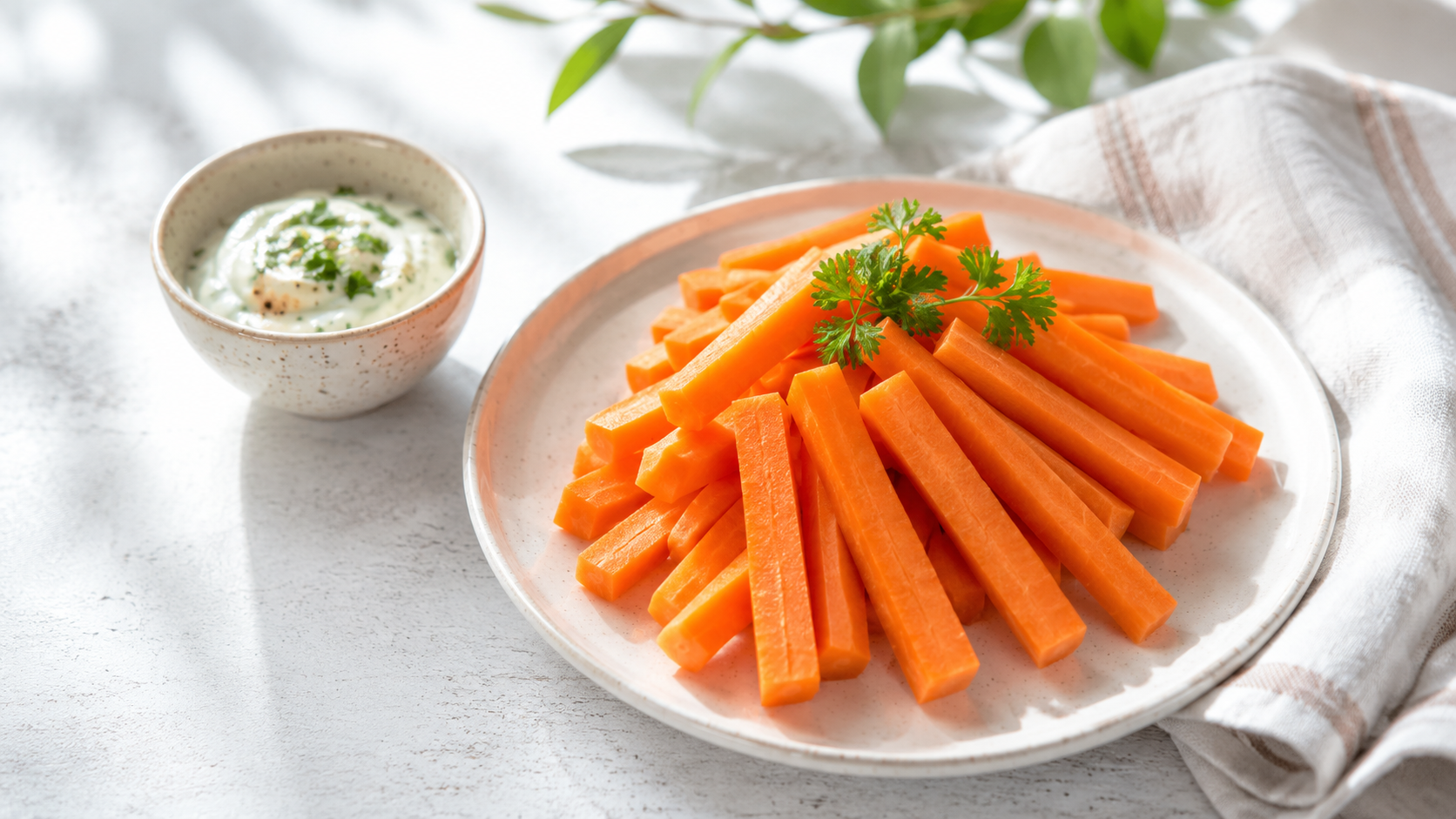 Bright orange carrot sticks on a white plate with a small bowl of creamy dip beside them in natural daylight.