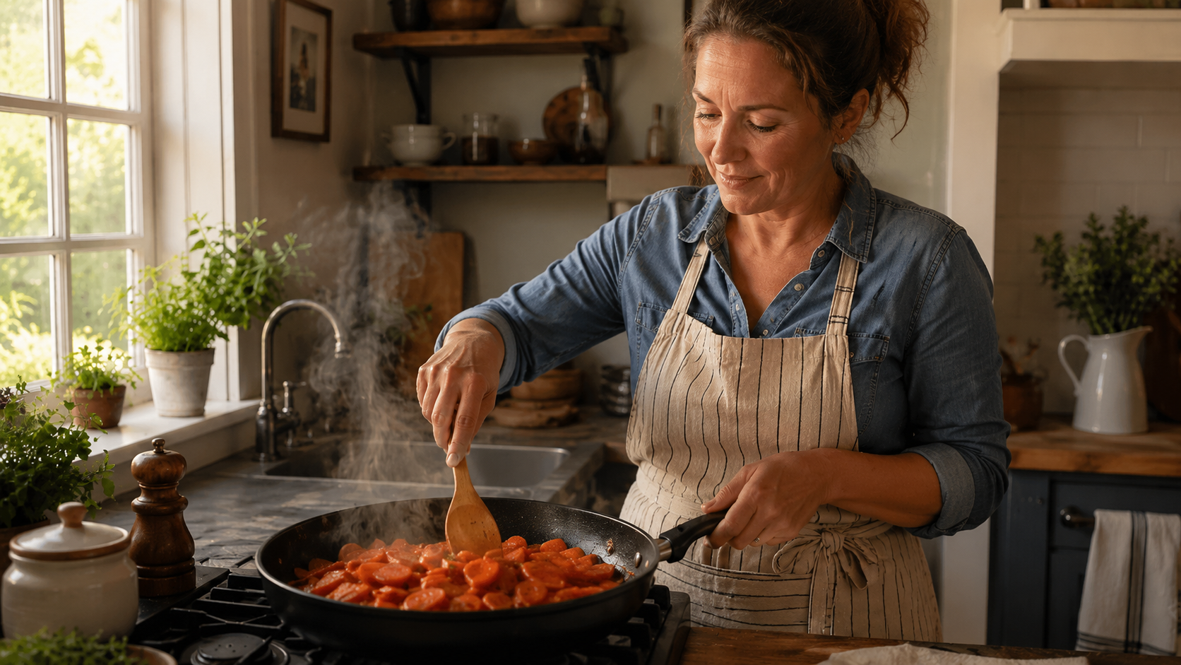 An American woman cooks sautéed carrots in a frying pan in a cozy kitchen filled with soft natural light.