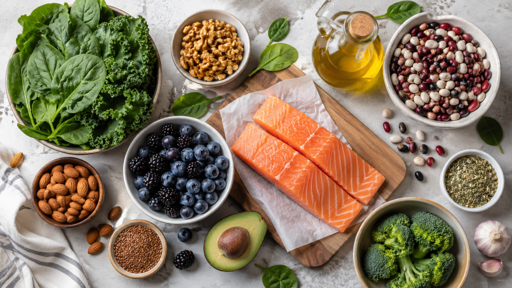 An overhead view of salmon, leafy greens, blueberries, nuts, olive oil, beans, broccoli, and avocado arranged neatly on a clean countertop.