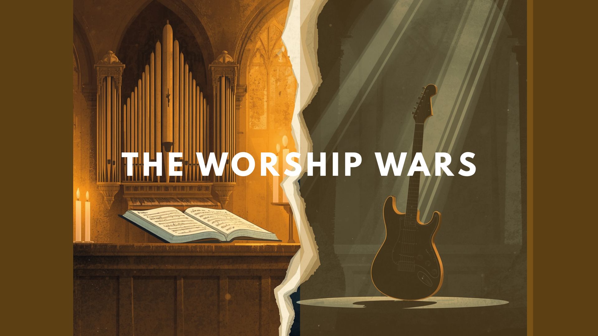 A split illustration showing a pipe organ and hymnal on one side, and an electric guitar under stage lighting on the other, divided by a cracked line — symbolizing the tension between traditional and contemporary worship.
