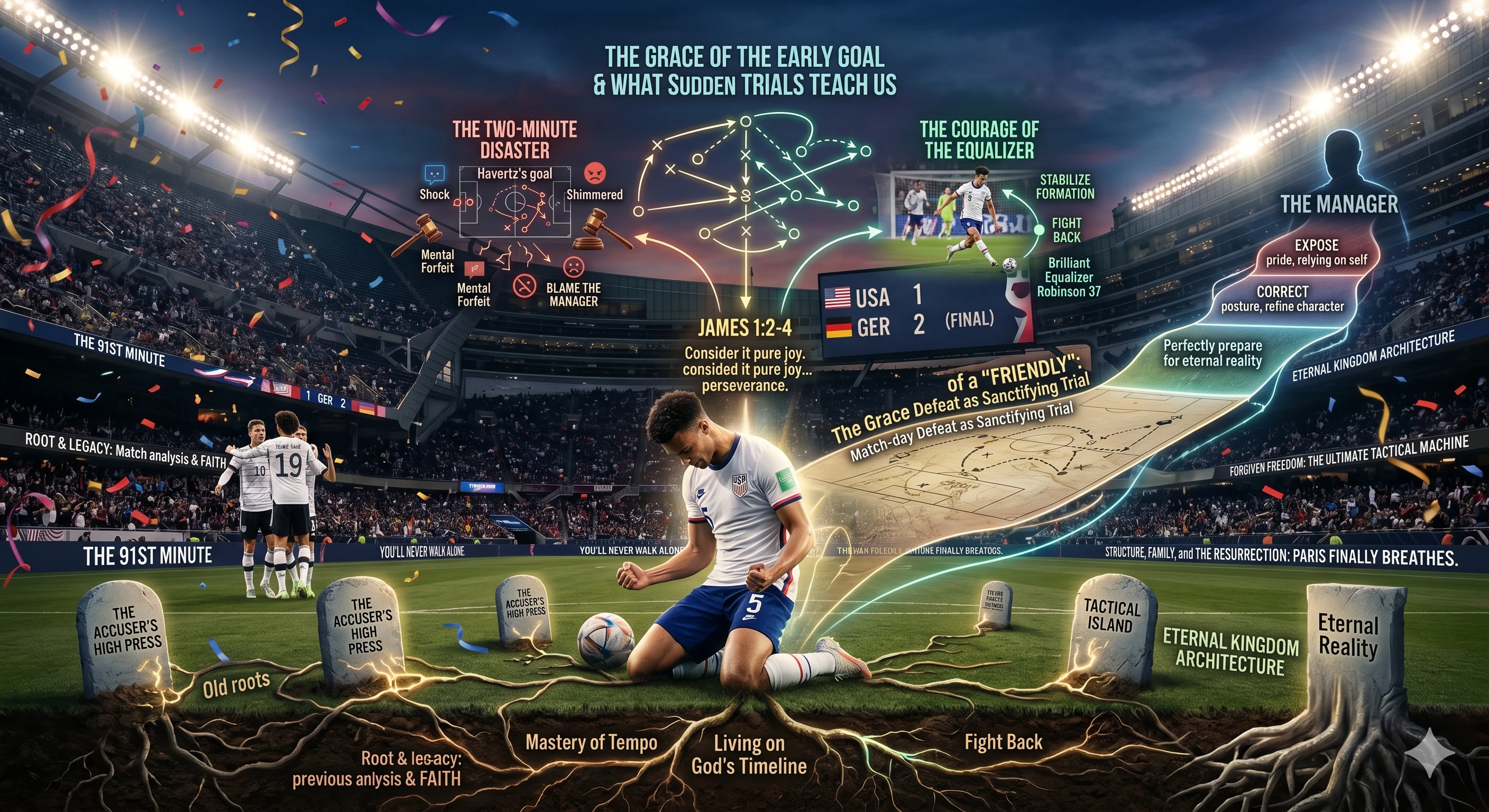 A conceptual tactical illustration in a stadium showing a kneeling USMNT player surrounded by glowing diagrams detailing a two-minute disaster, the courage of an equalizer, and a luminous path to The Manager, representing how sudden trials and friendly defeats act as God's sanctifying grace based on James 1:2-4.