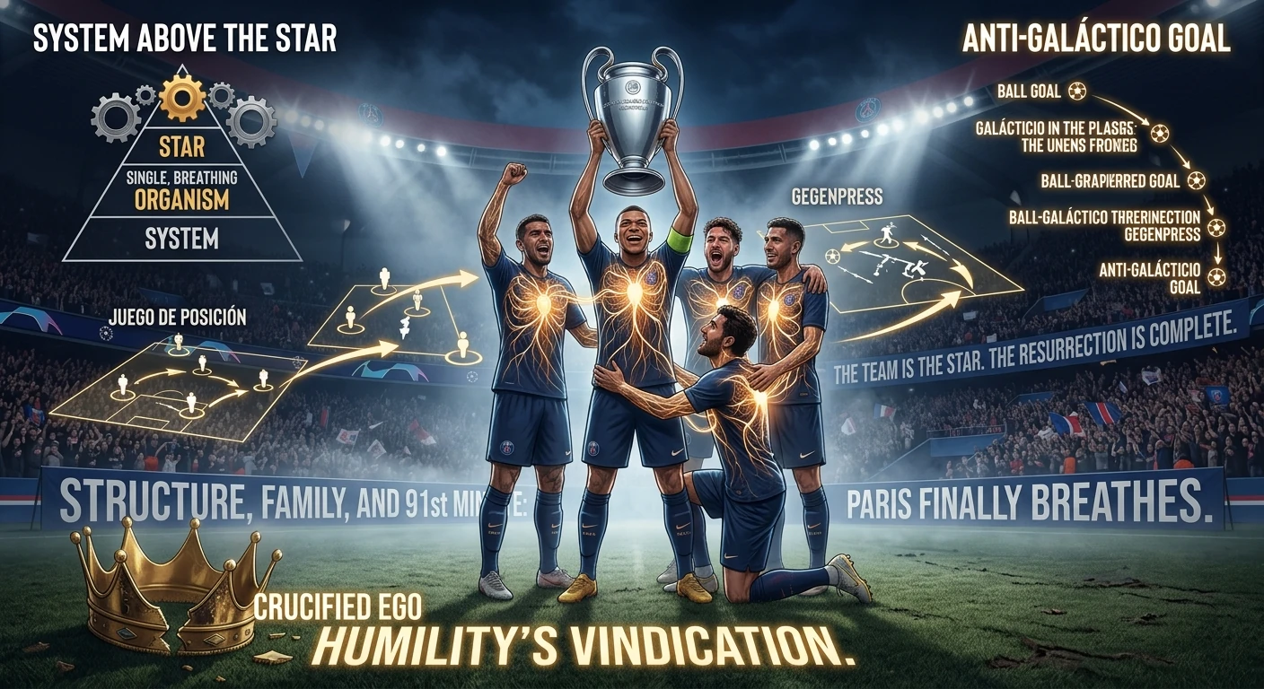 PSG football players raising the Champions League trophy inside a stadium, with glowing nerves connecting them to symbolize a single organism, surrounded by tactical diagrams of Juego de Posicion and Gegenpress.
