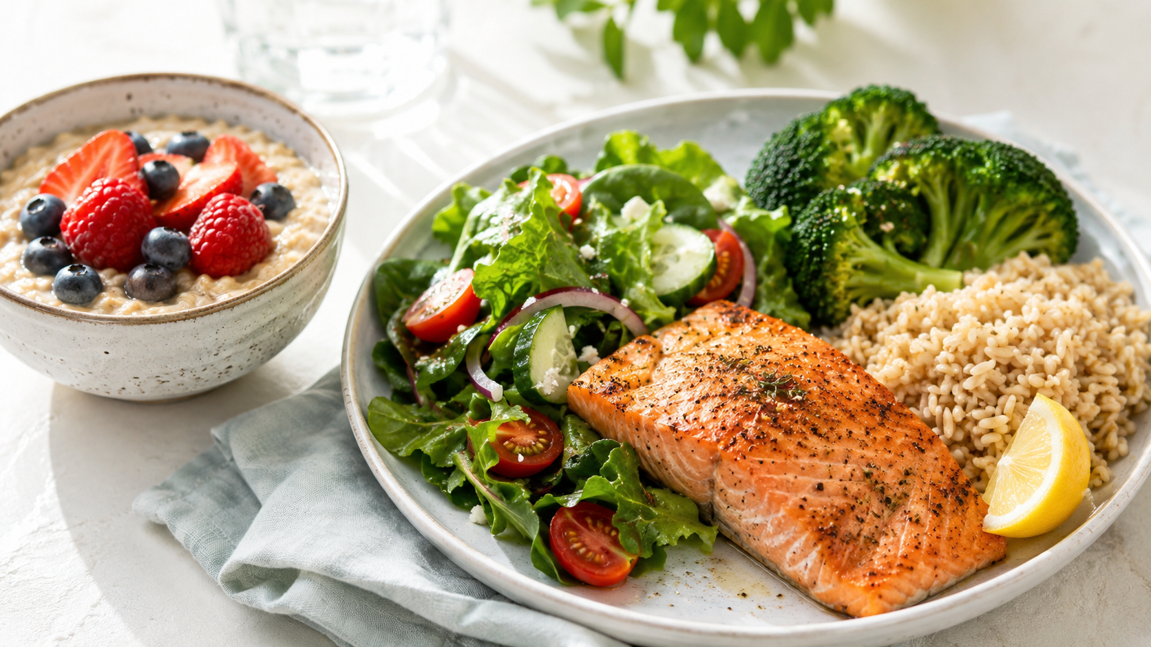 A bright food photo showing baked salmon, brown rice, broccoli, leafy salad, and a bowl of oatmeal with mixed berries on a light-colored table.