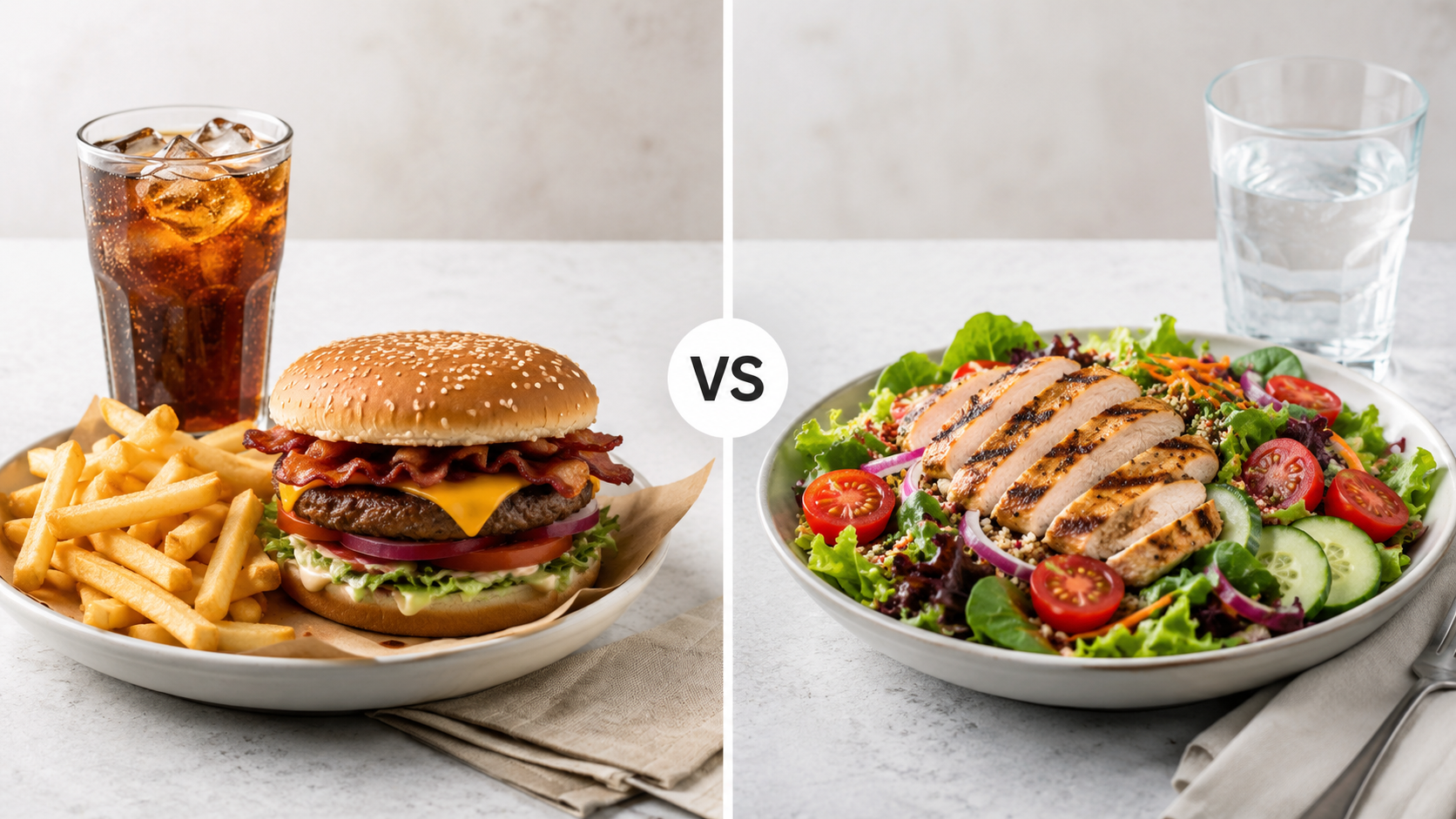 A clean split-style image comparing a fast-food meal with a burger, fries, and soda to a healthier meal of grilled chicken salad and water.