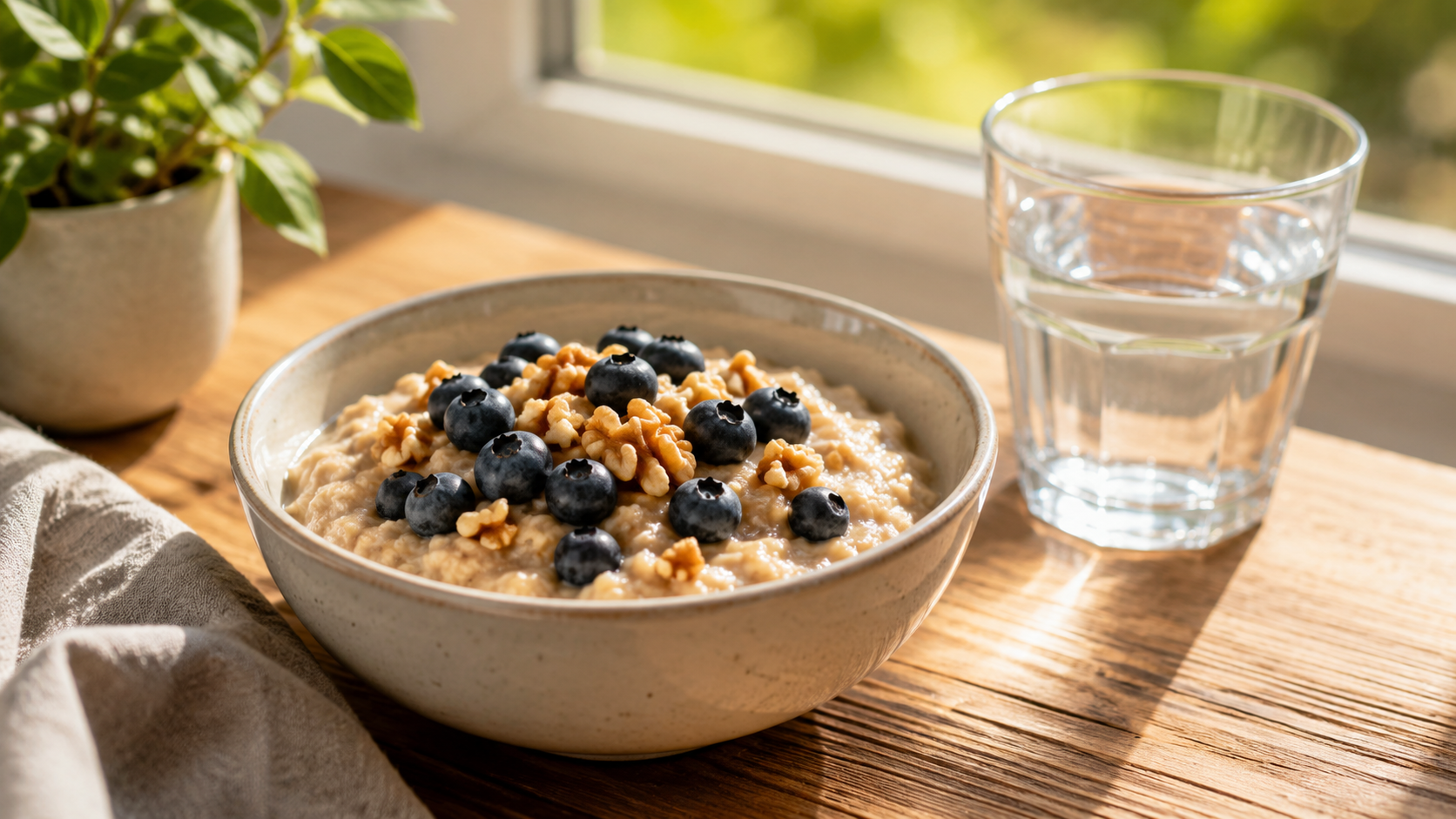 A close-up breakfast photo of oatmeal with blueberries and walnuts, served beside a glass of water on a sunlit wooden table.