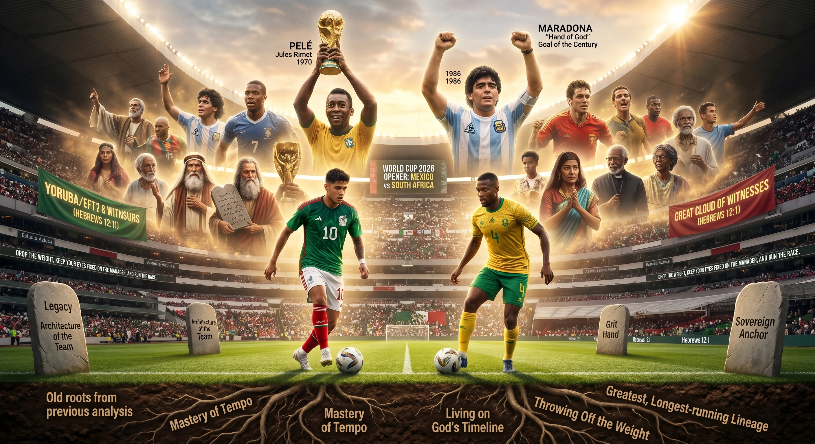 A majestic conceptual artwork of the World Cup 2026 opening match at Estadio Azteca between Mexico and South Africa, played beneath a radiant sky filled with a 'great cloud of witnesses' featuring football legends like Pele and Maradona alongside biblical saints, visualizing Hebrews 12:1.