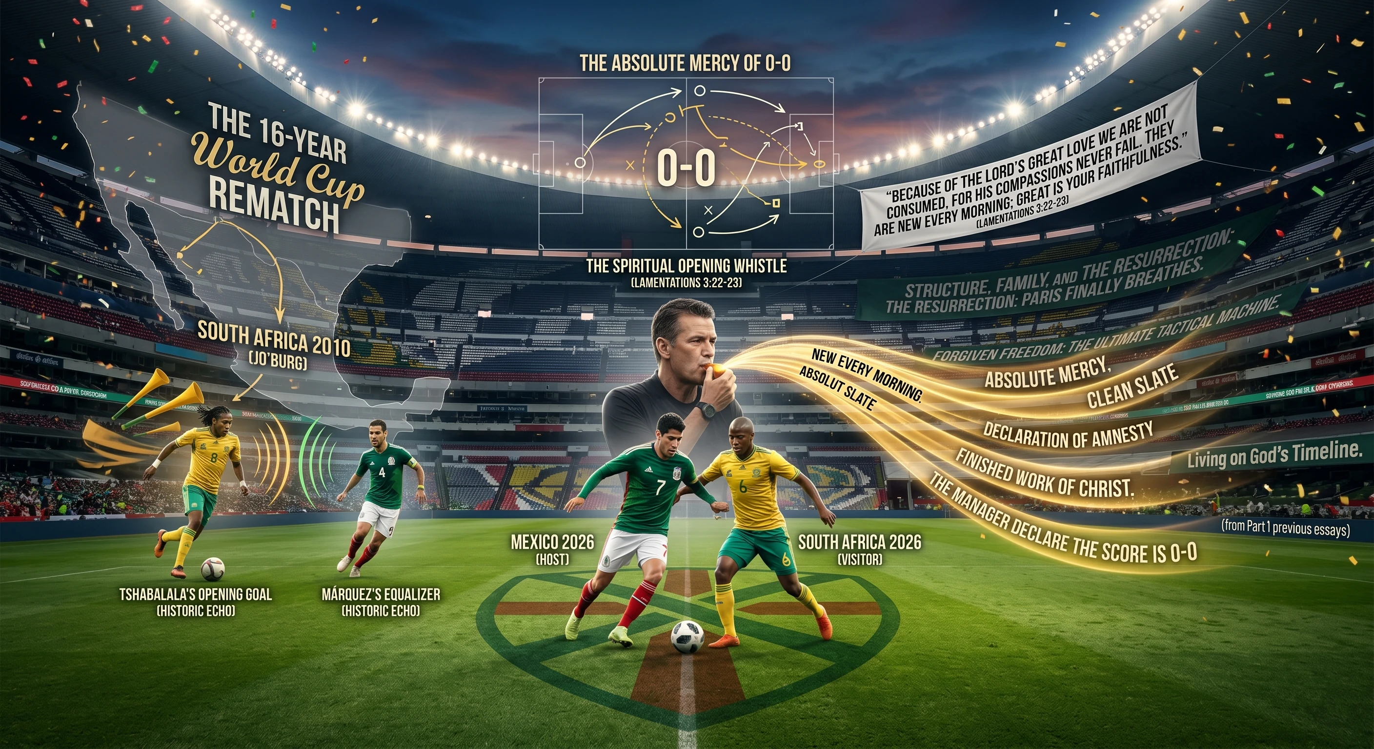 A conceptual tactical illustration in a packed stadium showing the 16-year World Cup rematch between Mexico and South Africa. A referee blows the spiritual opening whistle, resetting a tactical board to a clean 0-0 slate, while golden streams highlight Lamentations 3:22-23 and the absolute mercy of God's grace.