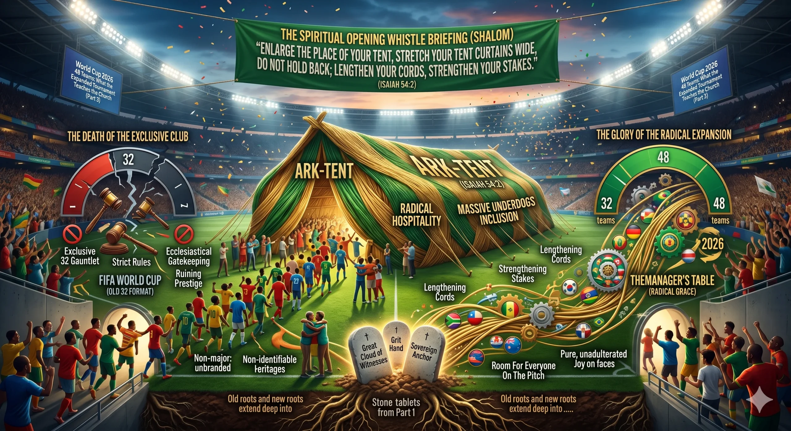 A conceptual illustration in a stadium contrasting the exclusive 32-team World Cup format with the 48-team expansion of 2026. A massive, widening tent on the pitch welcomes diverse underdog nations, symbolizing Isaiah 54:2 and the radical hospitality of the Church.