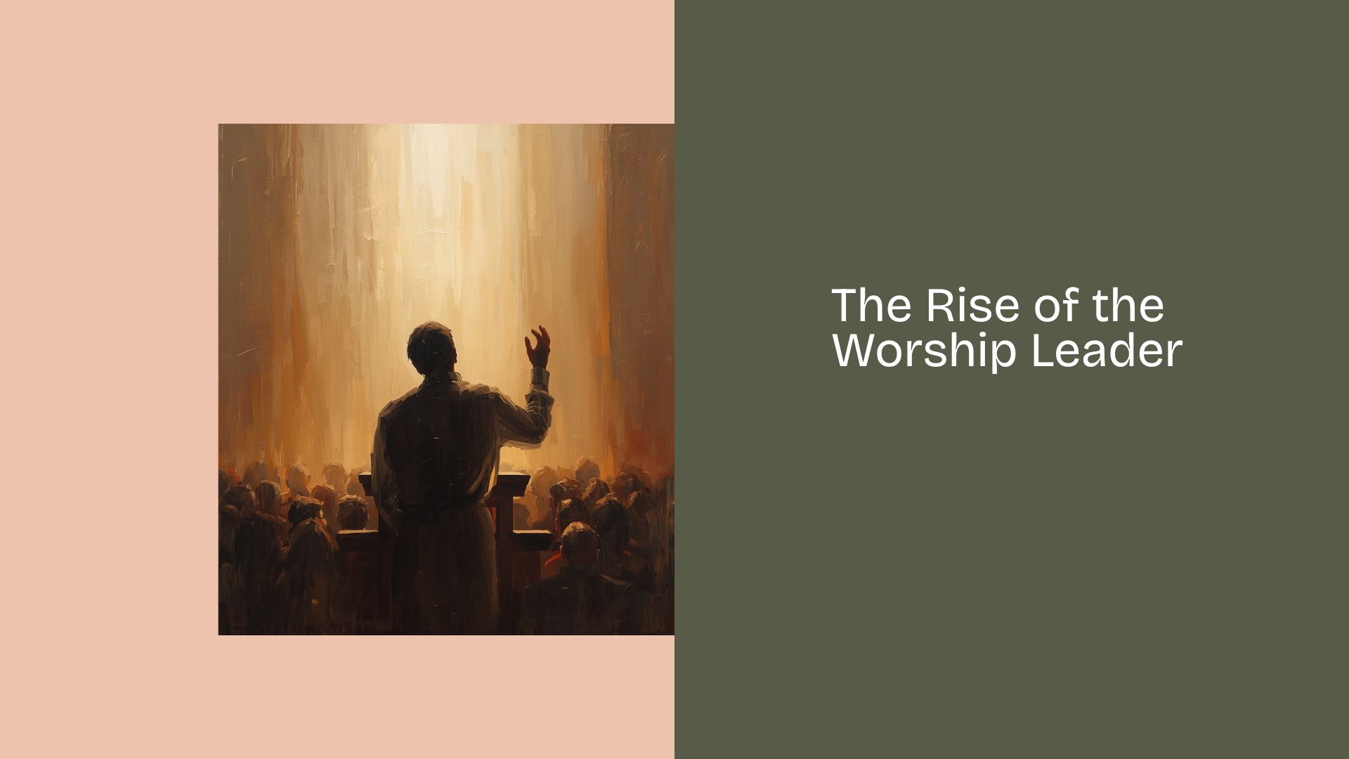 A worship leader stands with hand raised at a microphone, face turned upward, congregation softly visible behind — a figure pointing rather than performing