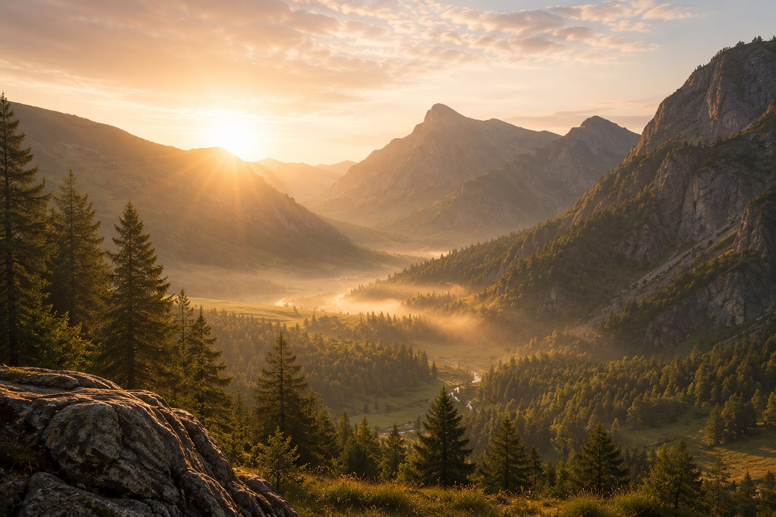 Sunlight breaking over a quiet mountain refuge at dawn