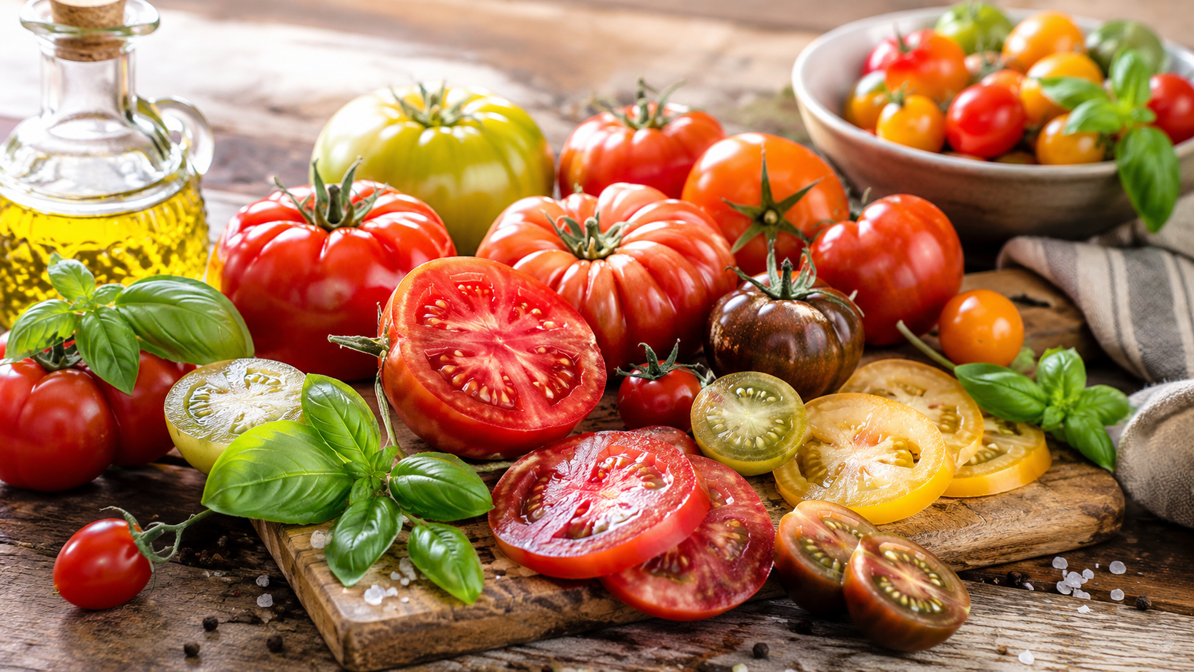 A colorful arrangement of fresh whole, halved, and sliced tomatoes on a rustic wooden surface, with basil leaves and a small bottle of olive oil nearby in soft natural daylight.